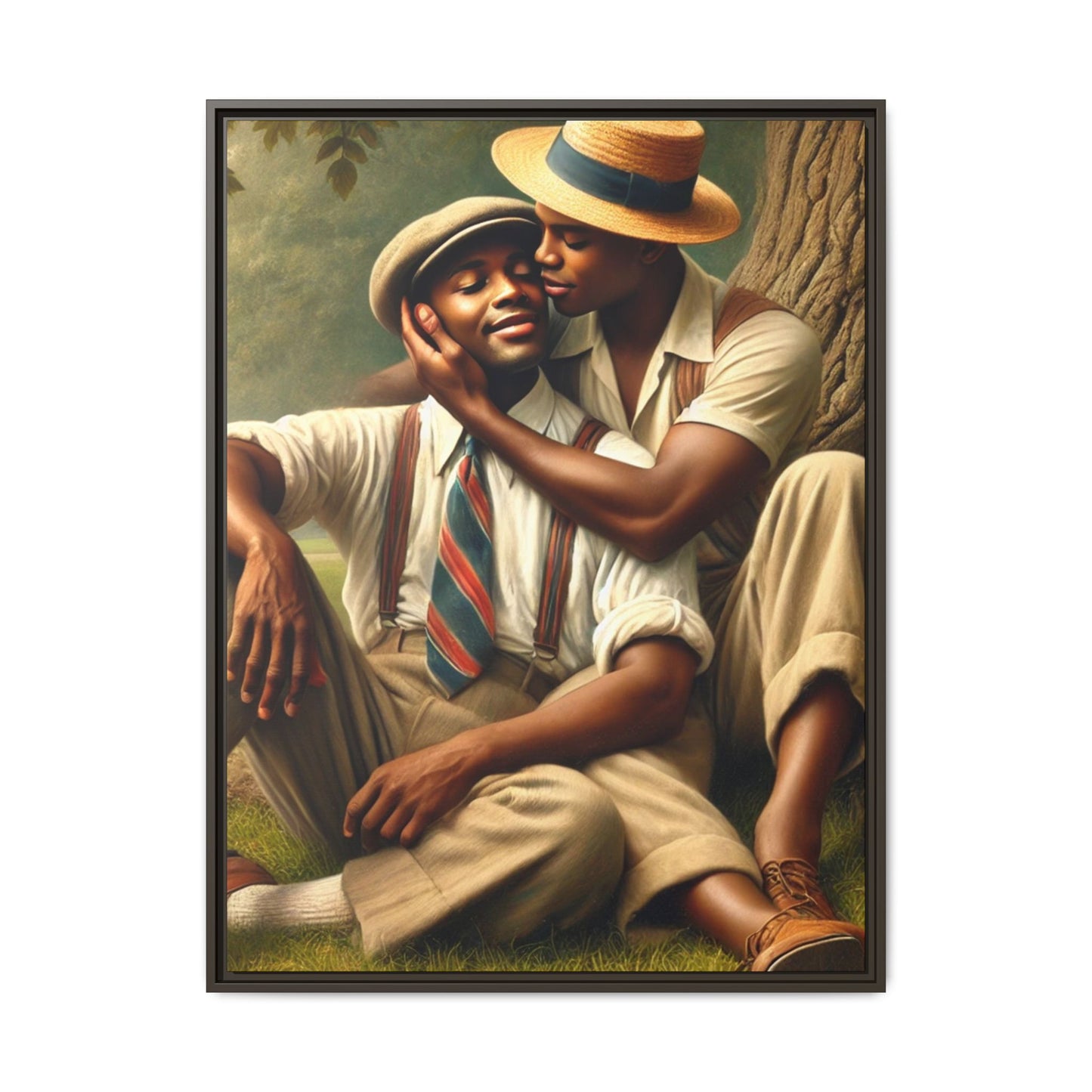 Hyper-realistic artwork of an African-American gay couple in 1930s vintage attire under a leafy tree, celebrating love and resilience.