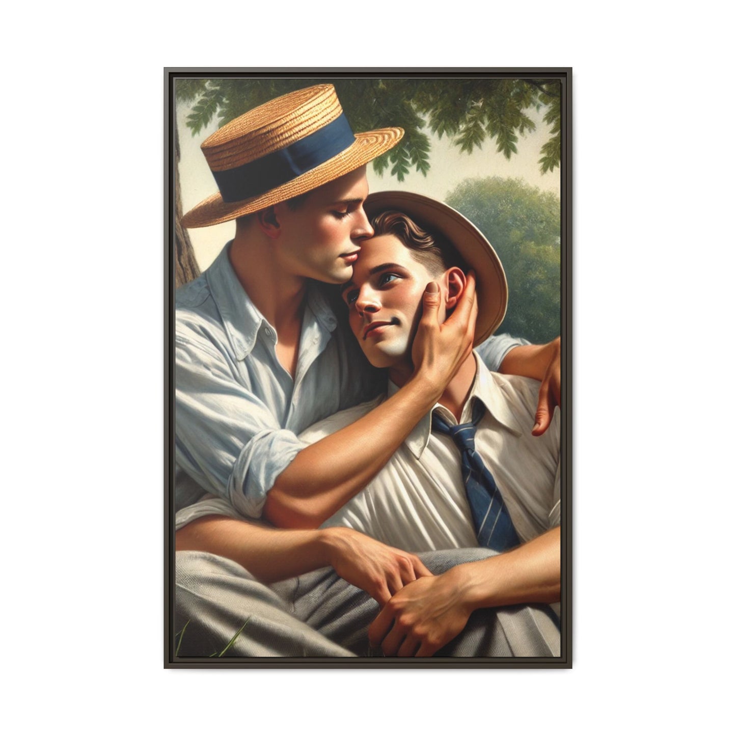 Vintage-style artwork of a gay couple in a sunlit meadow, sharing an affectionate moment in the 1930s