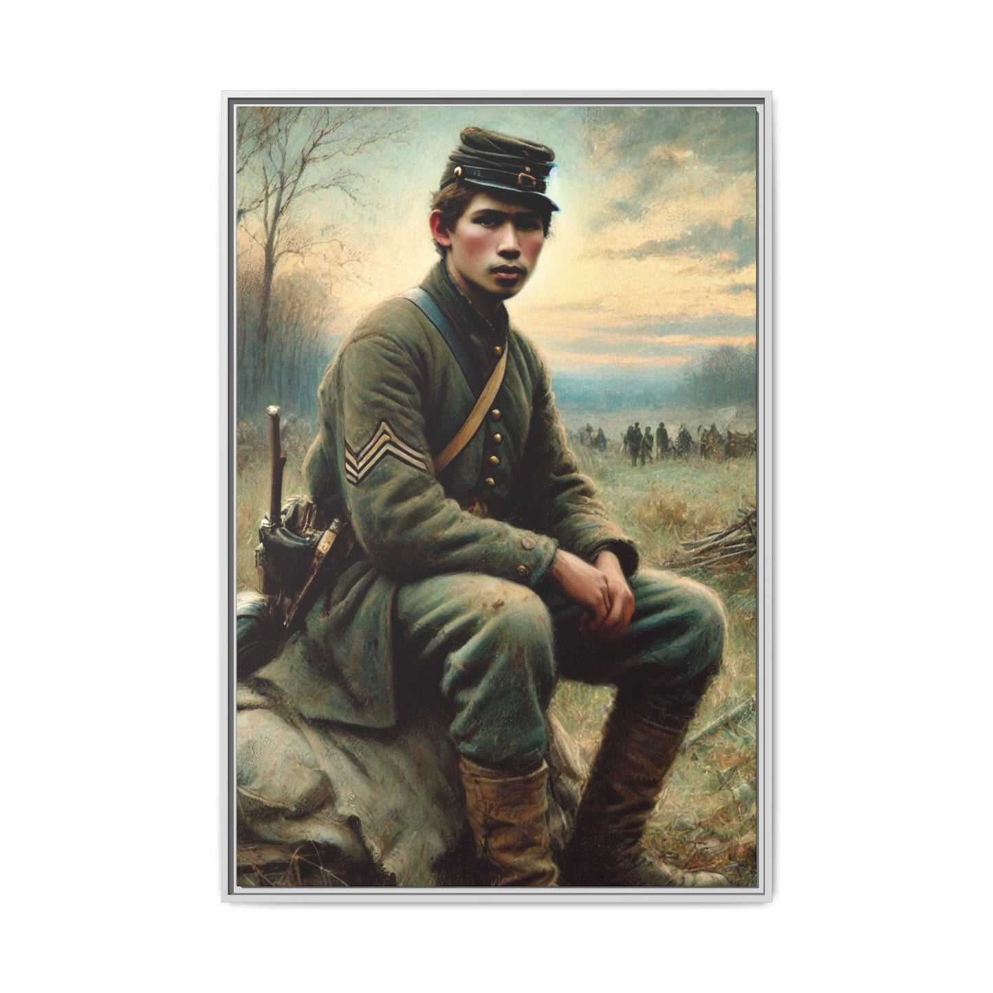 Framed artwork of a Civil War Union soldier inspired by Walt Whitman’s Leaves of Grass and Drum-Taps, depicting themes of sacrifice, strength, and vulnerability amidst a 19th-century battlefield.