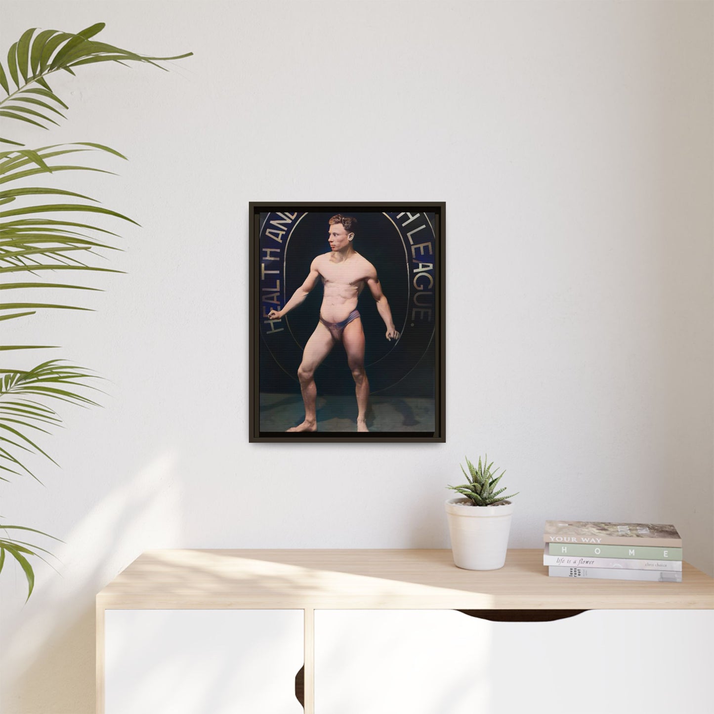 Restored vintage photo of Robert, a young bodybuilder from Manchester, UK, circa early 20th century, framed canvas.