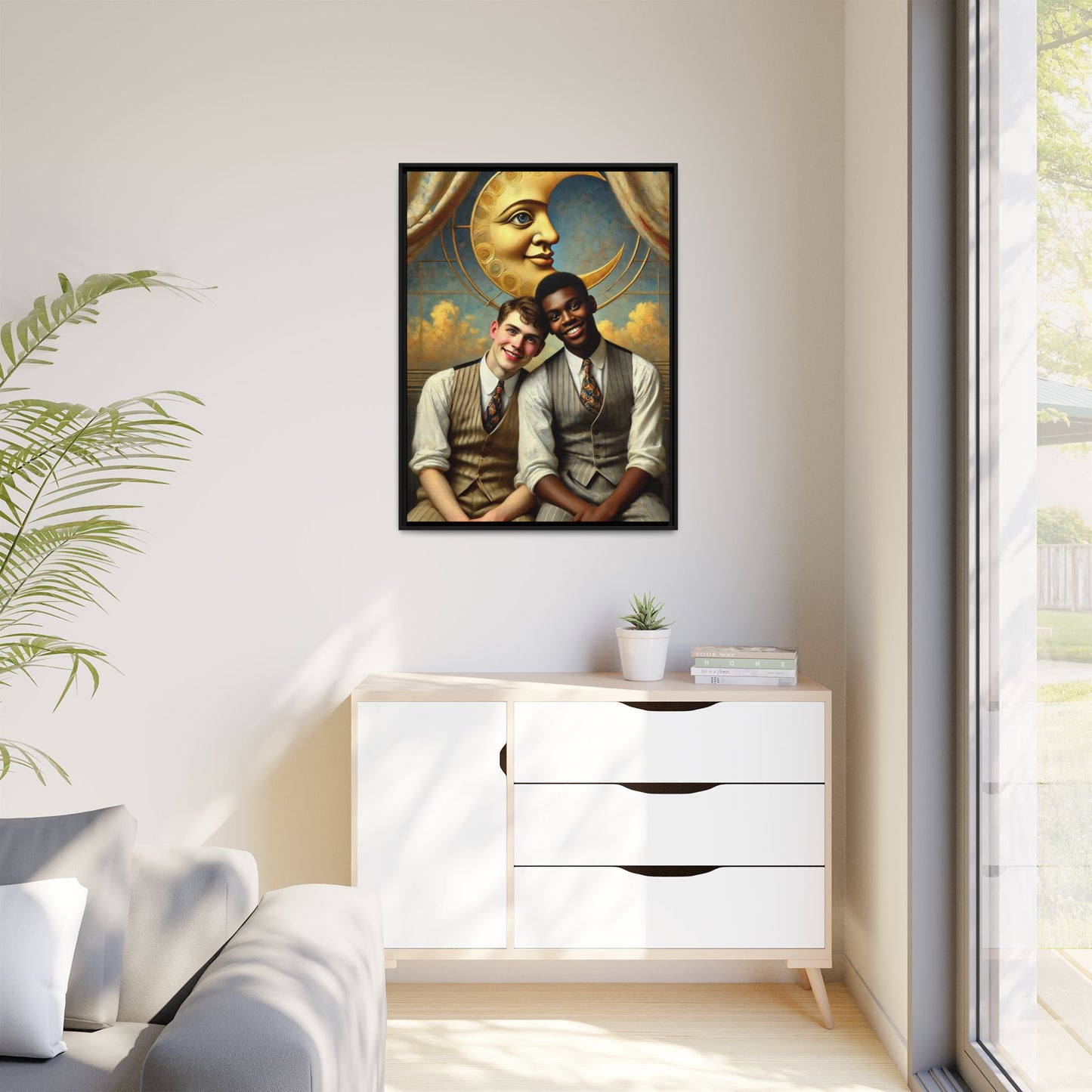 A vintage-style artwork showing a young interracial gay couple in 1920s attire sitting beneath a golden crescent moon with a serene expression. Their joyful closeness reclaims erased queer history and reflects the beauty of interracial love through a lens of tenderness and celebration.