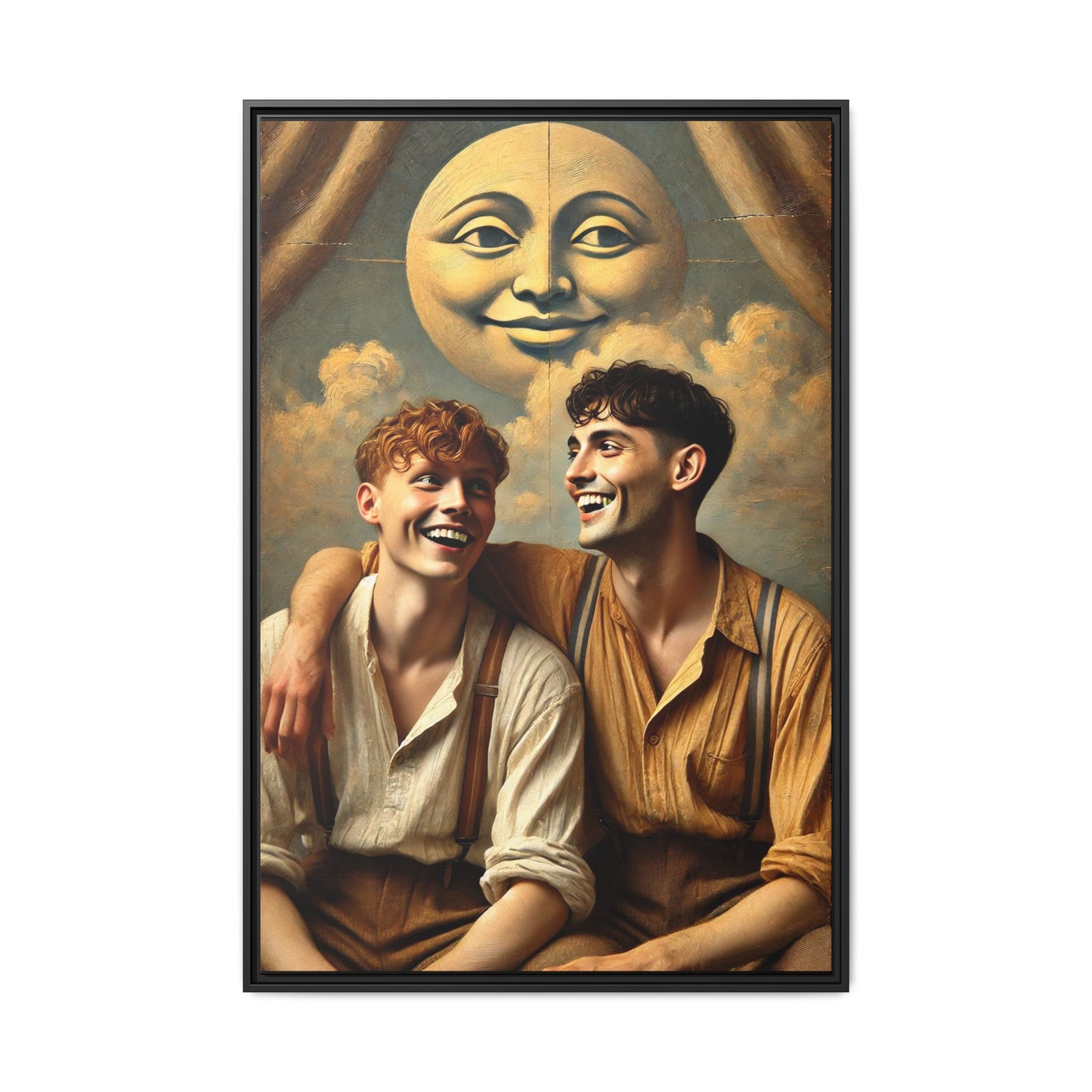 Queer artwork of two joyful young men dressed in vintage clothing with rolled sleeves and suspenders, laughing under a large moon prop in a dreamy studio scene. A celebration of love and resilience reclaimed from forgotten queer histories.