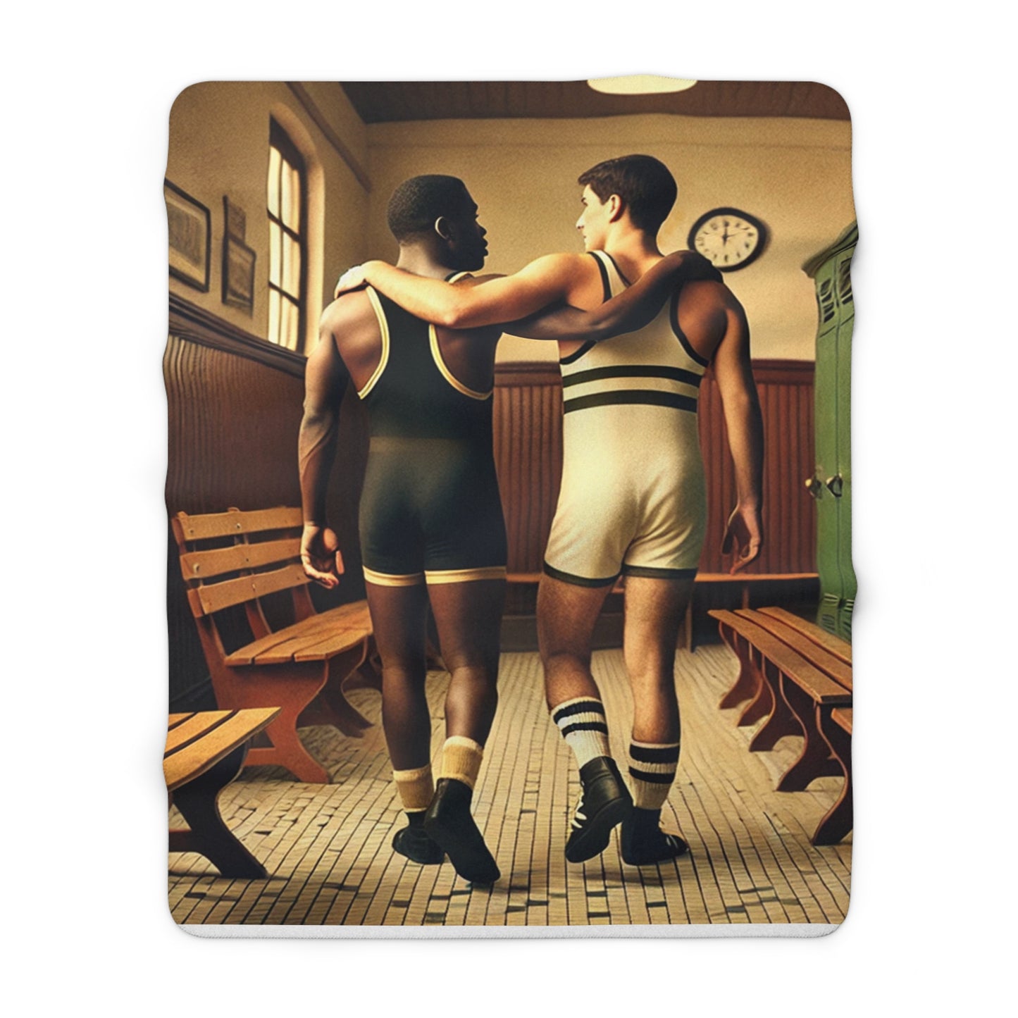 Cozy fleece throw with Grant Wood–inspired athletic figurative artwork and warm vintage interior 