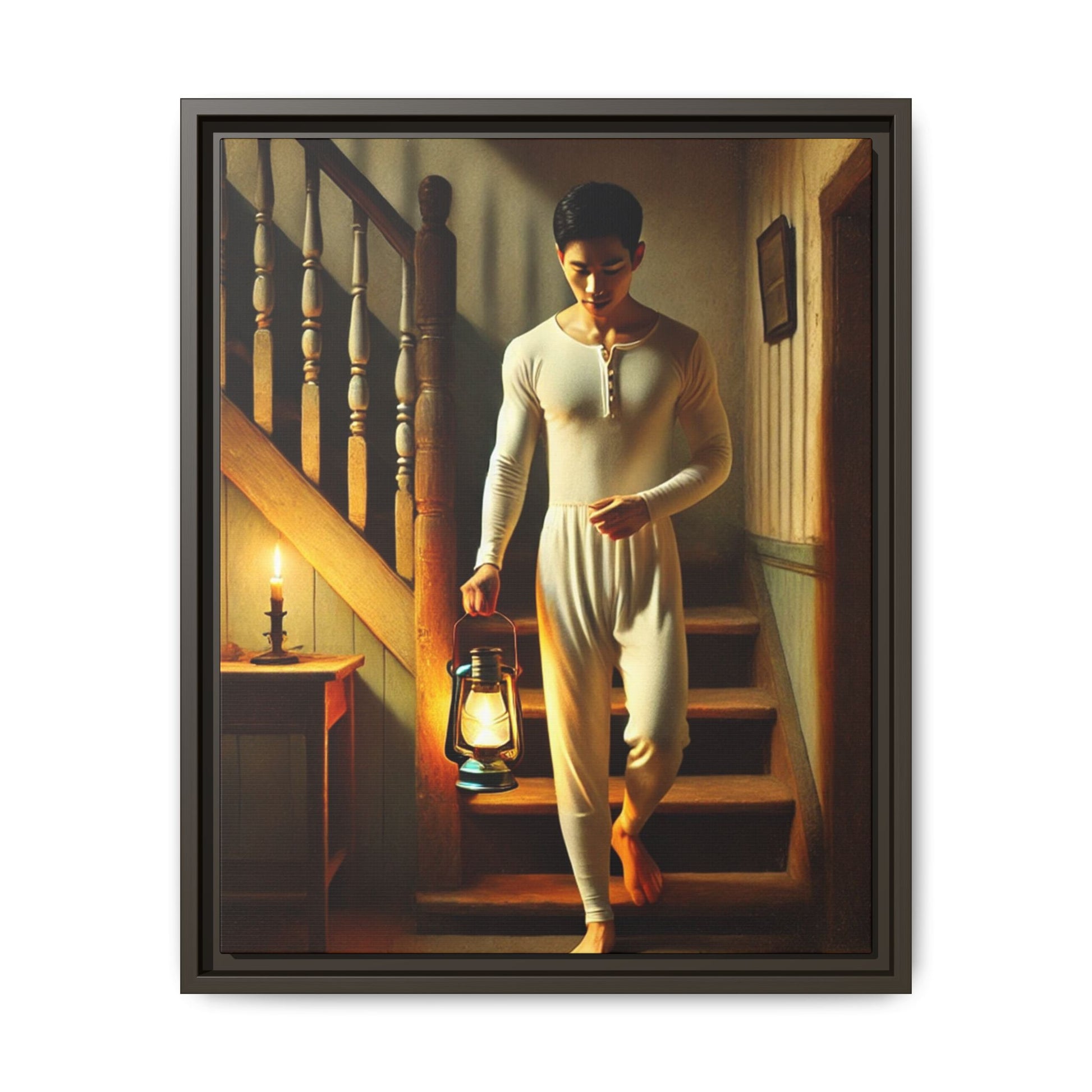 Framed artwork of an Asian-American man wearing long johns underwear holding a lantern on a staircase, inspired by Grant Wood’s style.