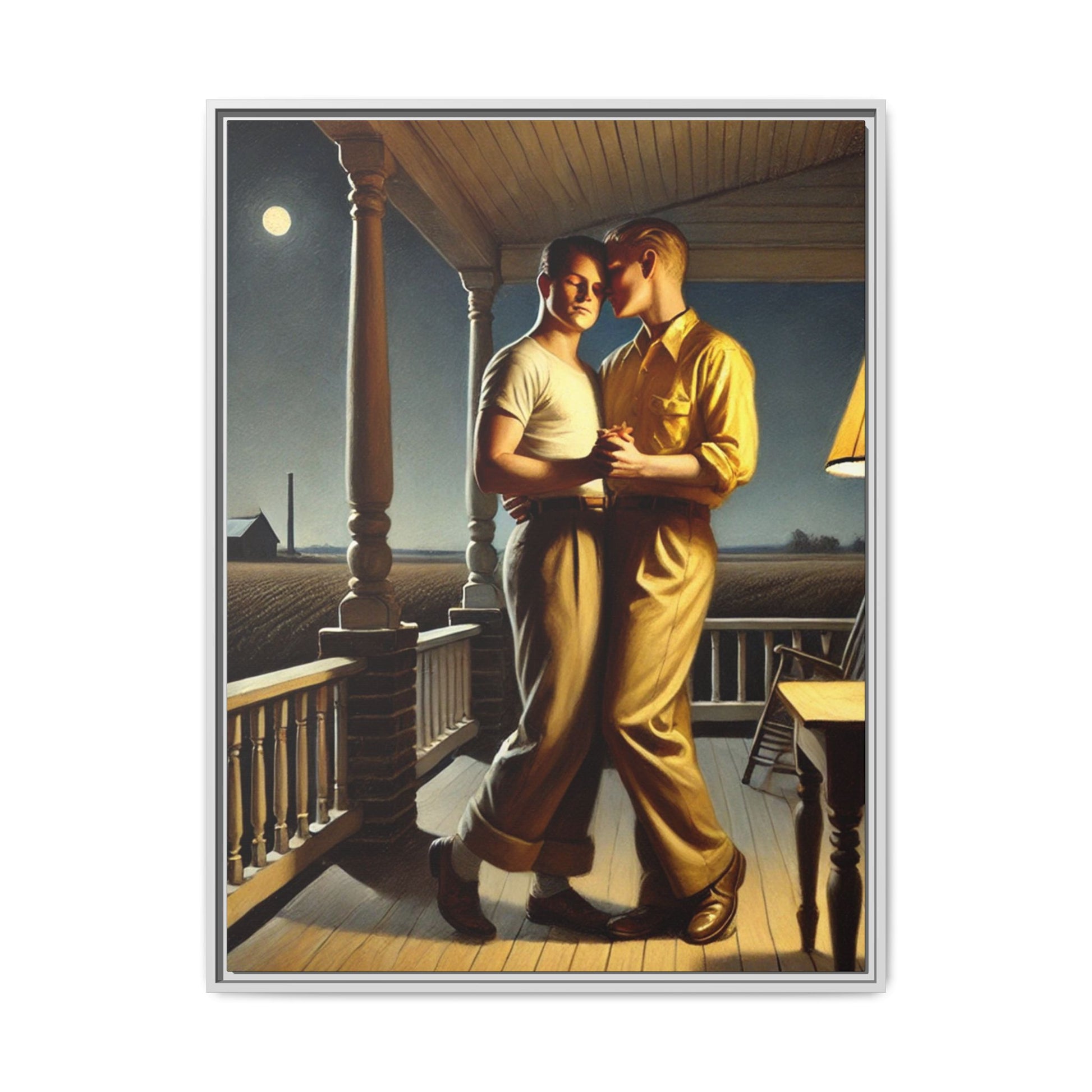 Artwork of a gay couple standing on a farmhouse porch under the moonlight, inspired by Grant Wood’s style.