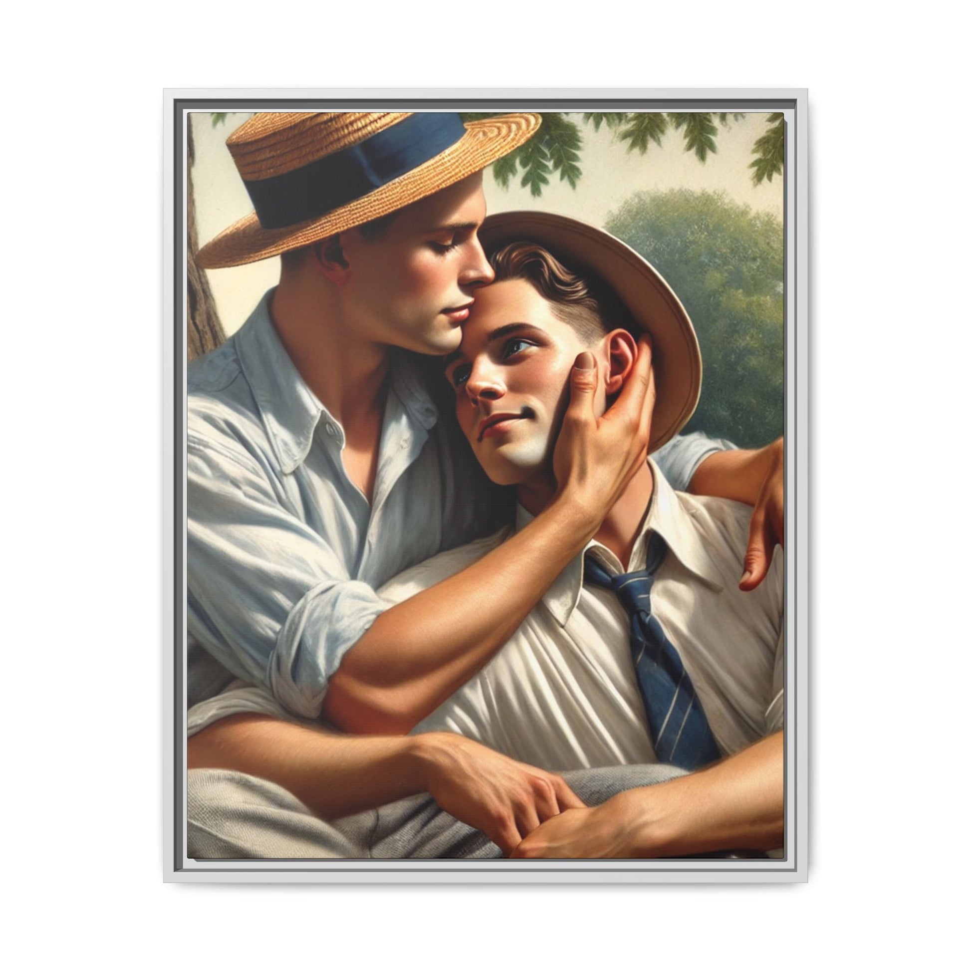 Vintage-style artwork of a gay couple in a sunlit meadow, sharing an affectionate moment in the 1930s