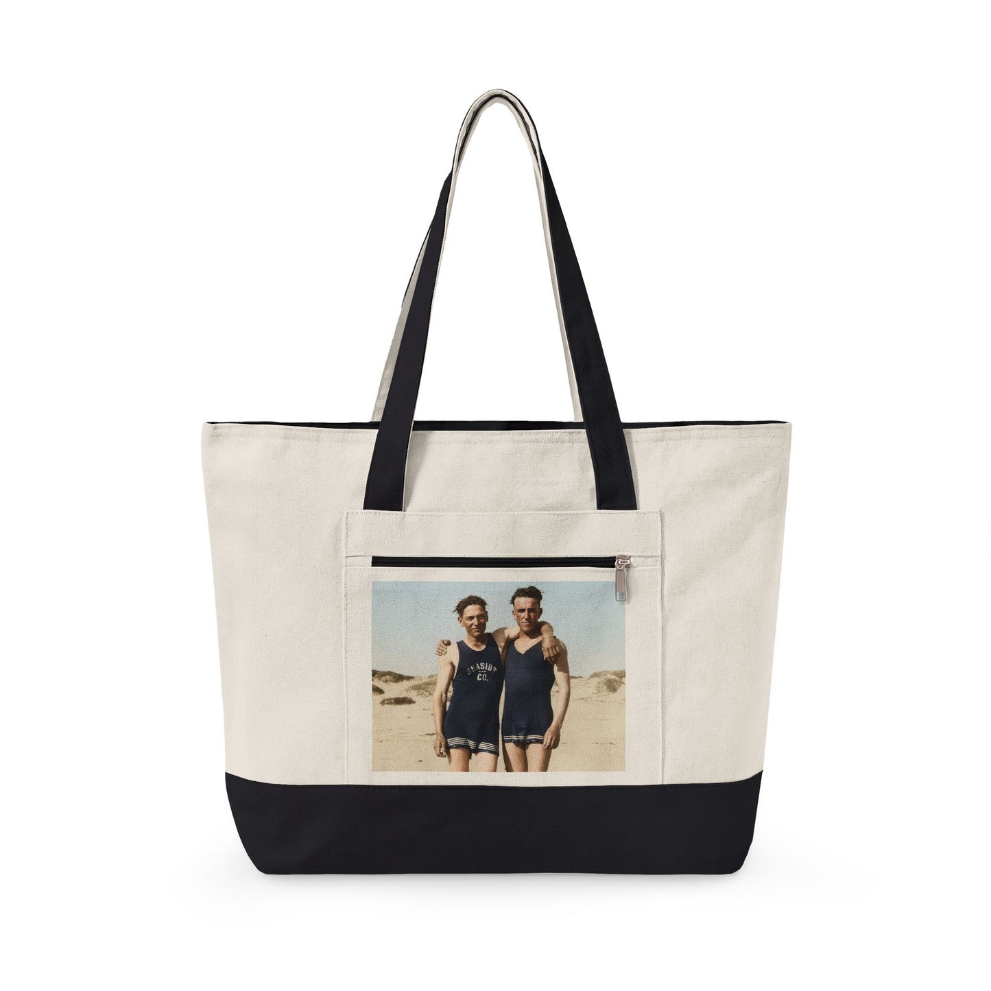 Two men in vintage swimwear seaside canvas tote 