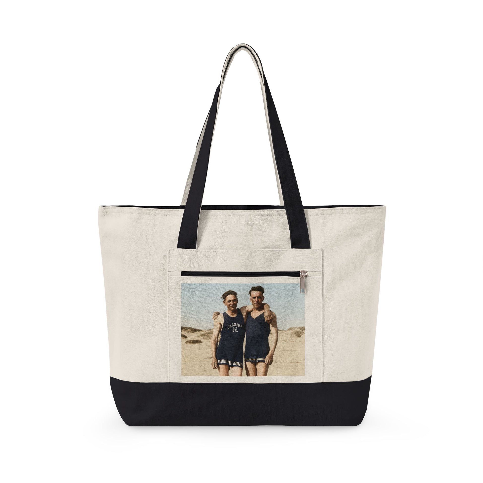 Two men in vintage swimwear seaside canvas tote 