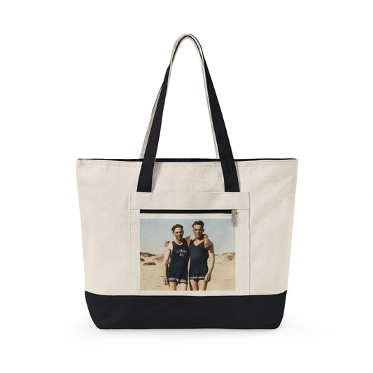 Two men in vintage swimwear seaside canvas tote 
