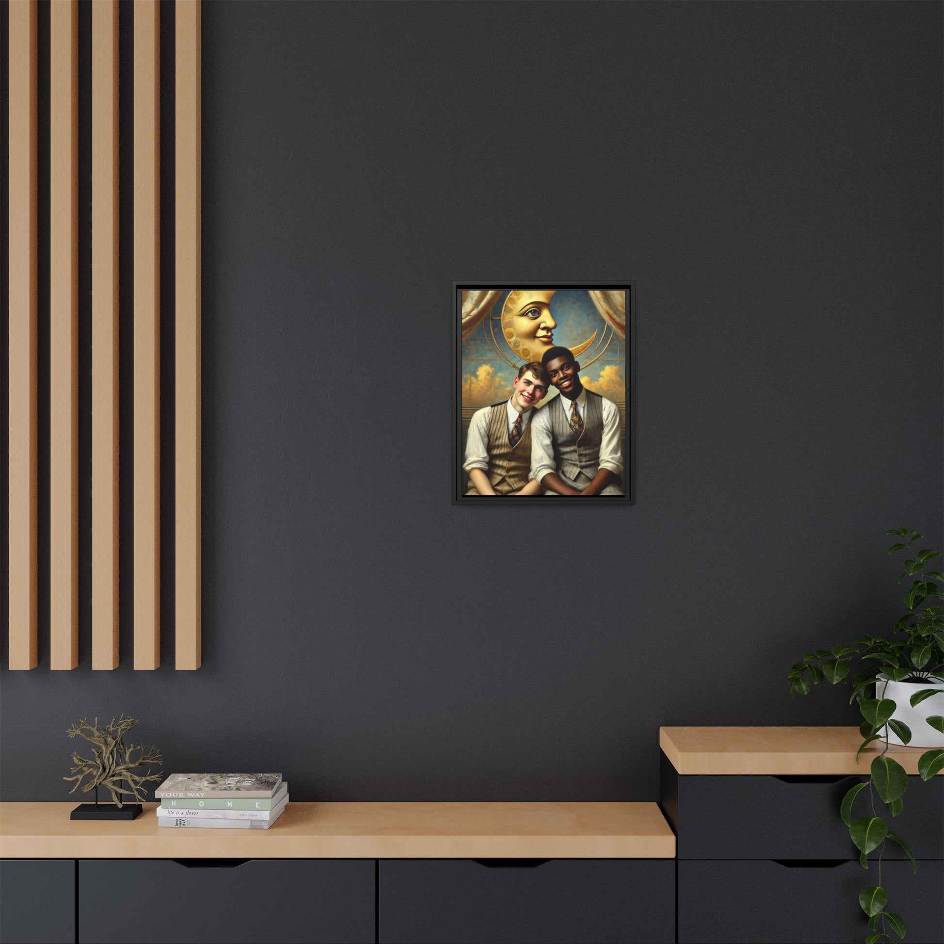 A vintage-style artwork showing a young interracial gay couple in 1920s attire sitting beneath a golden crescent moon with a serene expression. Their joyful closeness reclaims erased queer history and reflects the beauty of interracial love through a lens of tenderness and celebration.