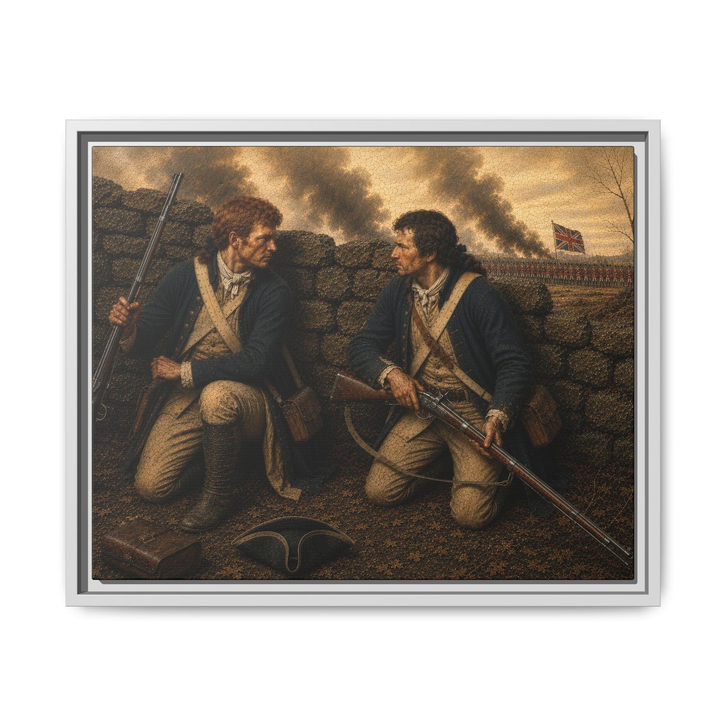 Museum-inspired Revolutionary War portrait showing Continental soldiers with muskets beside a stone field fortification.