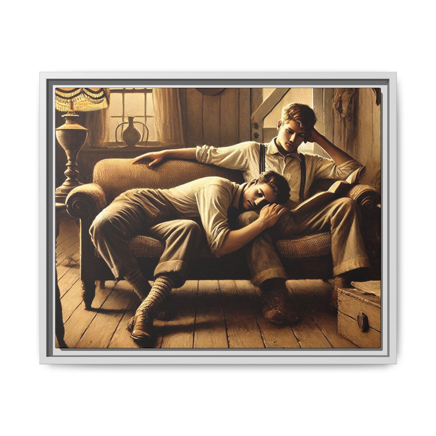 Art of a gay couple relaxing on a sofa in a rustic living room, inspired by Grant Wood’s Americana style.