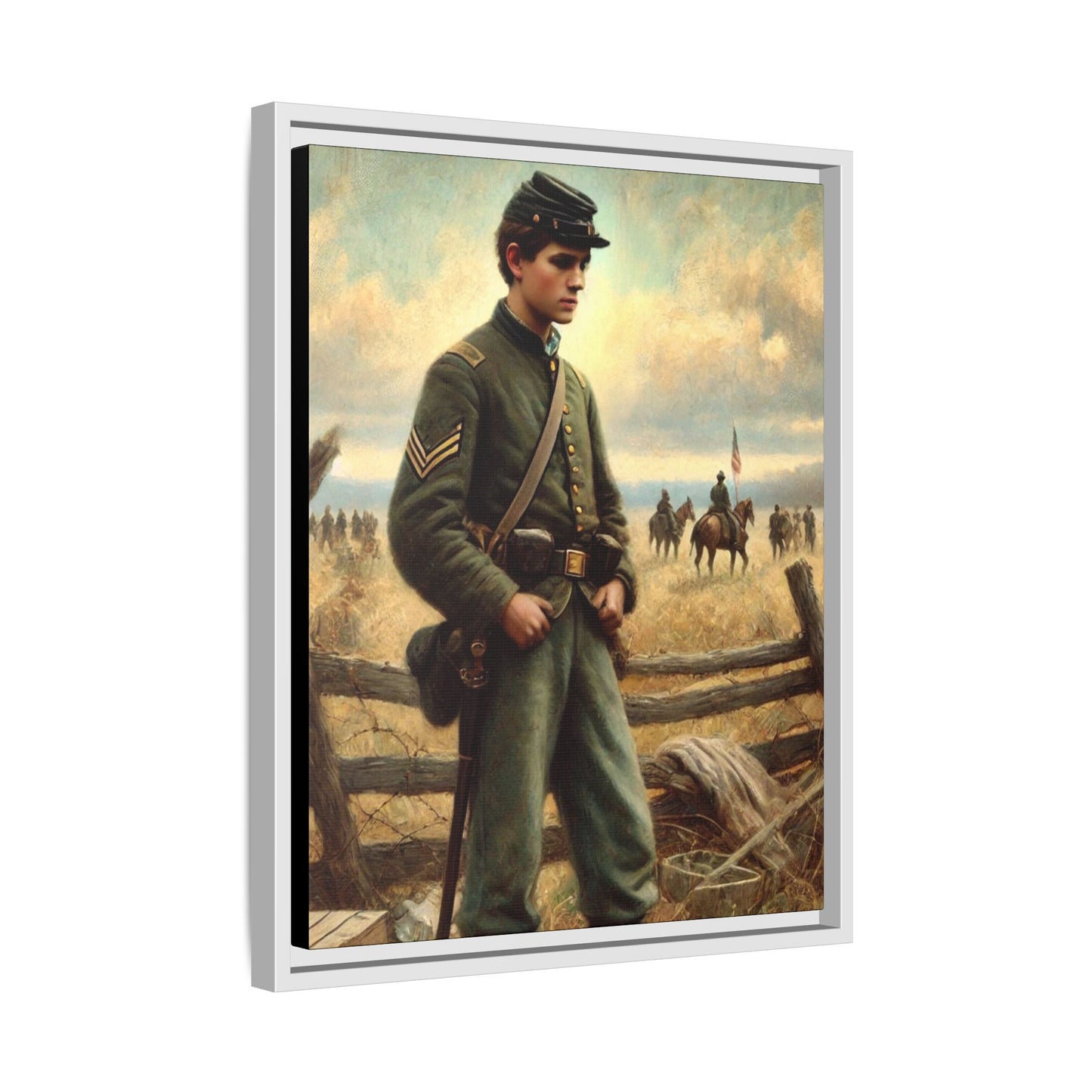 Framed artwork of a young Civil War Union soldier inspired by Walt Whitman’s Drum-Taps poems and Grant Wood's style, depicting battlefield sacrifice, humanity, and historical charm.