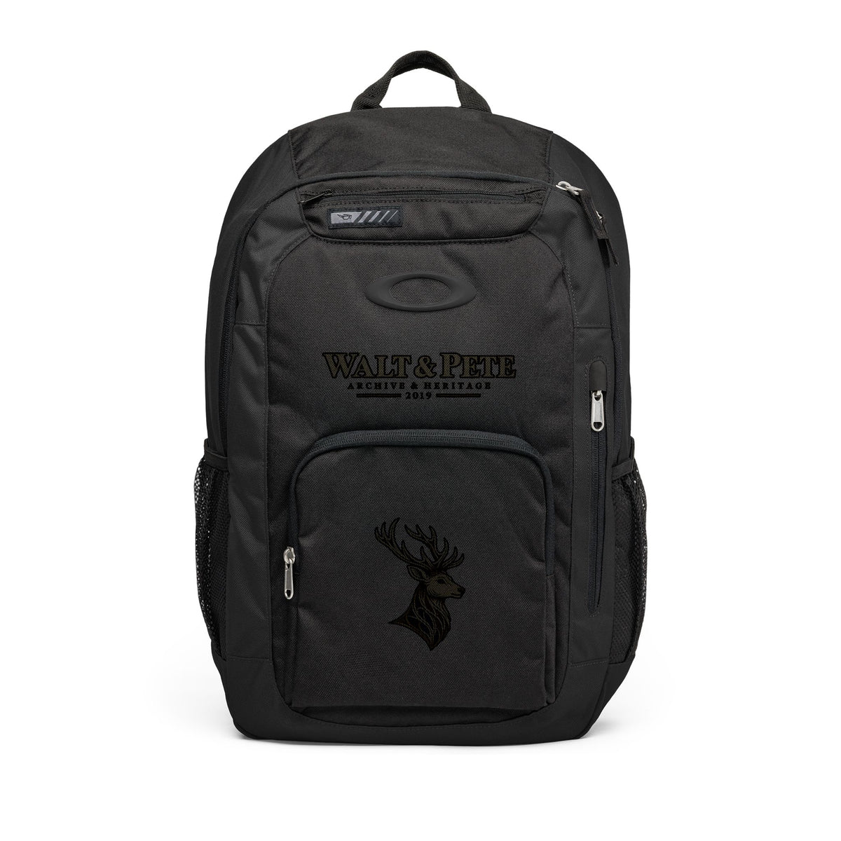Walt & Pete Blackout Heritage Stag Enduro Backpack with subtle black-on-black wordmark and stag artwork.