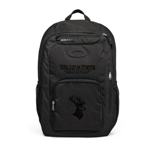 Walt & Pete Blackout Heritage Stag Enduro Backpack with subtle black-on-black wordmark and stag artwork.