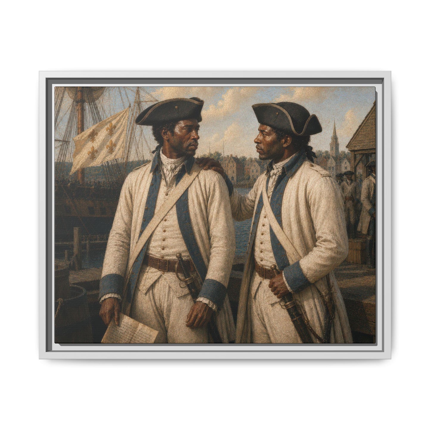 Historical Revolutionary-era canvas art featuring French allied soldiers overlooking a colonial waterfront. 