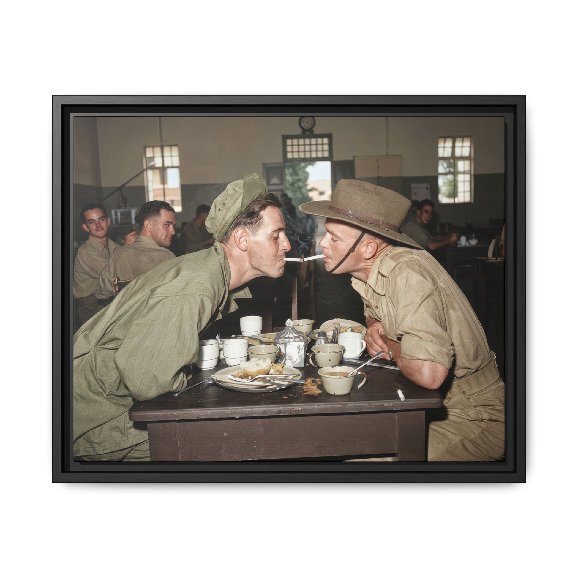 Historical mess hall scene with uniformed figures