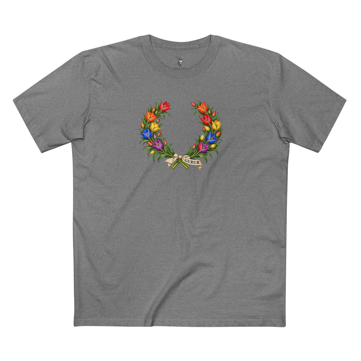 Front view of a Turkish Pride T-shirt featuring a vintage tulip wreath with rainbow flowers and an ivory GURUR ribbon.