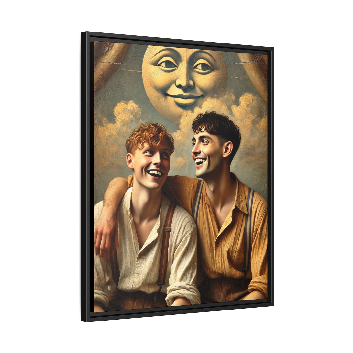 Queer artwork of two joyful young men dressed in vintage clothing with rolled sleeves and suspenders, laughing under a large moon prop in a dreamy studio scene. A celebration of love and resilience reclaimed from forgotten queer histories.