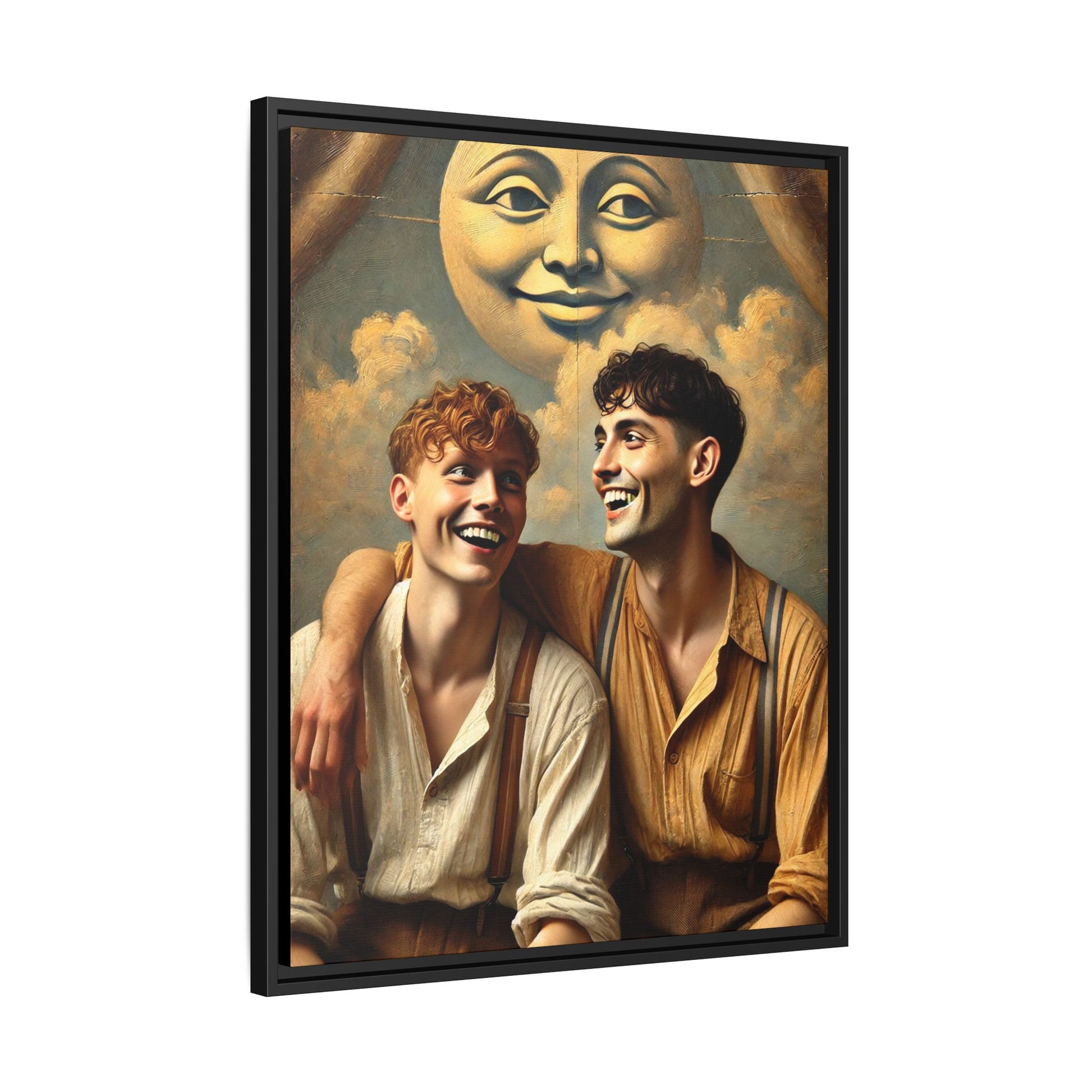 Queer artwork of two joyful young men dressed in vintage clothing with rolled sleeves and suspenders, laughing under a large moon prop in a dreamy studio scene. A celebration of love and resilience reclaimed from forgotten queer histories.