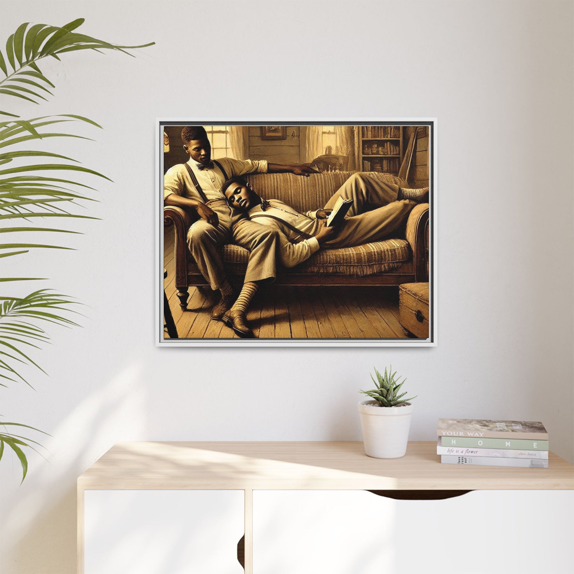 Framed artwork of an African-American gay couple sharing an intimate moment on a rustic sofa, inspired by Grant Wood’s style