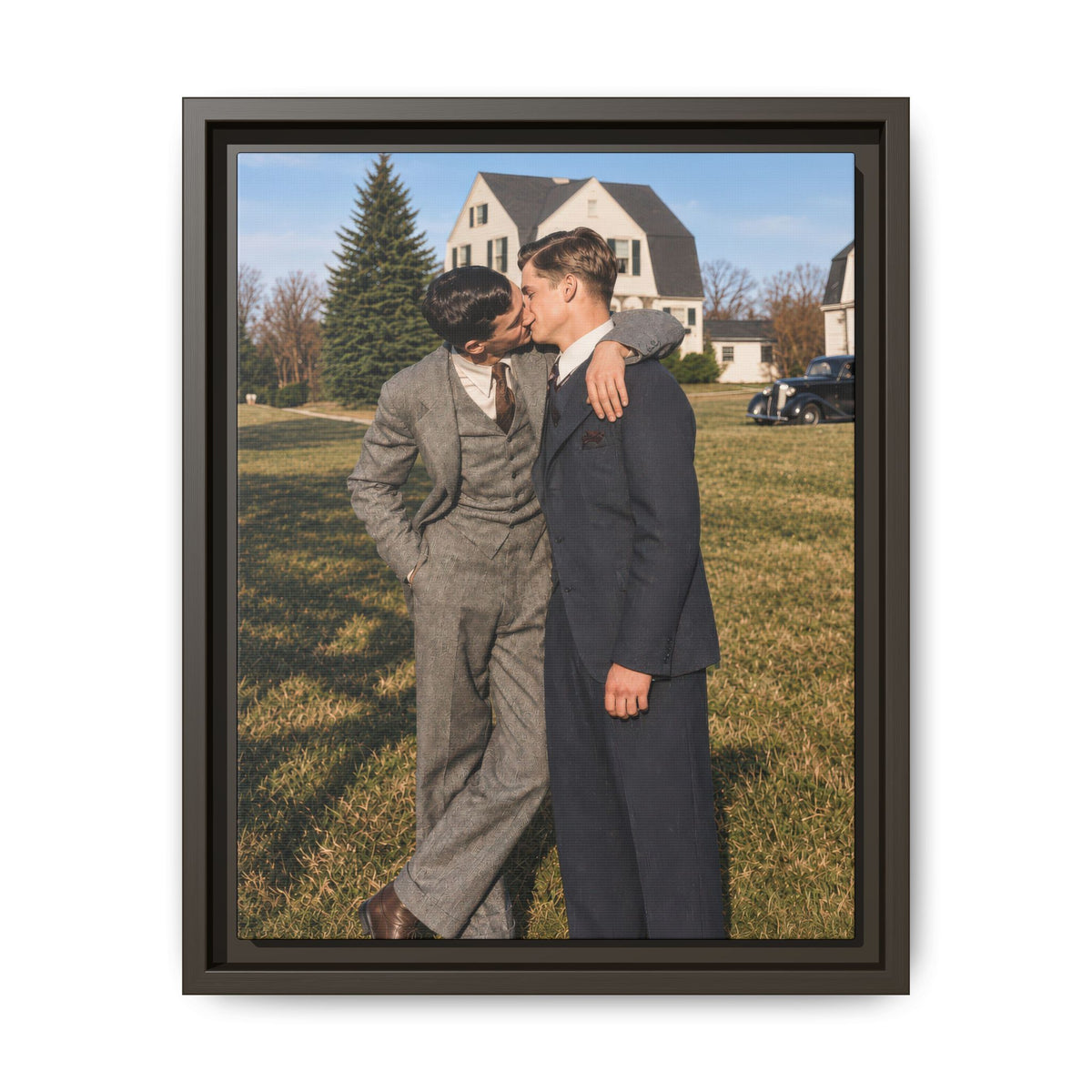 historical photograph of two men standing in front of house vintage portrait