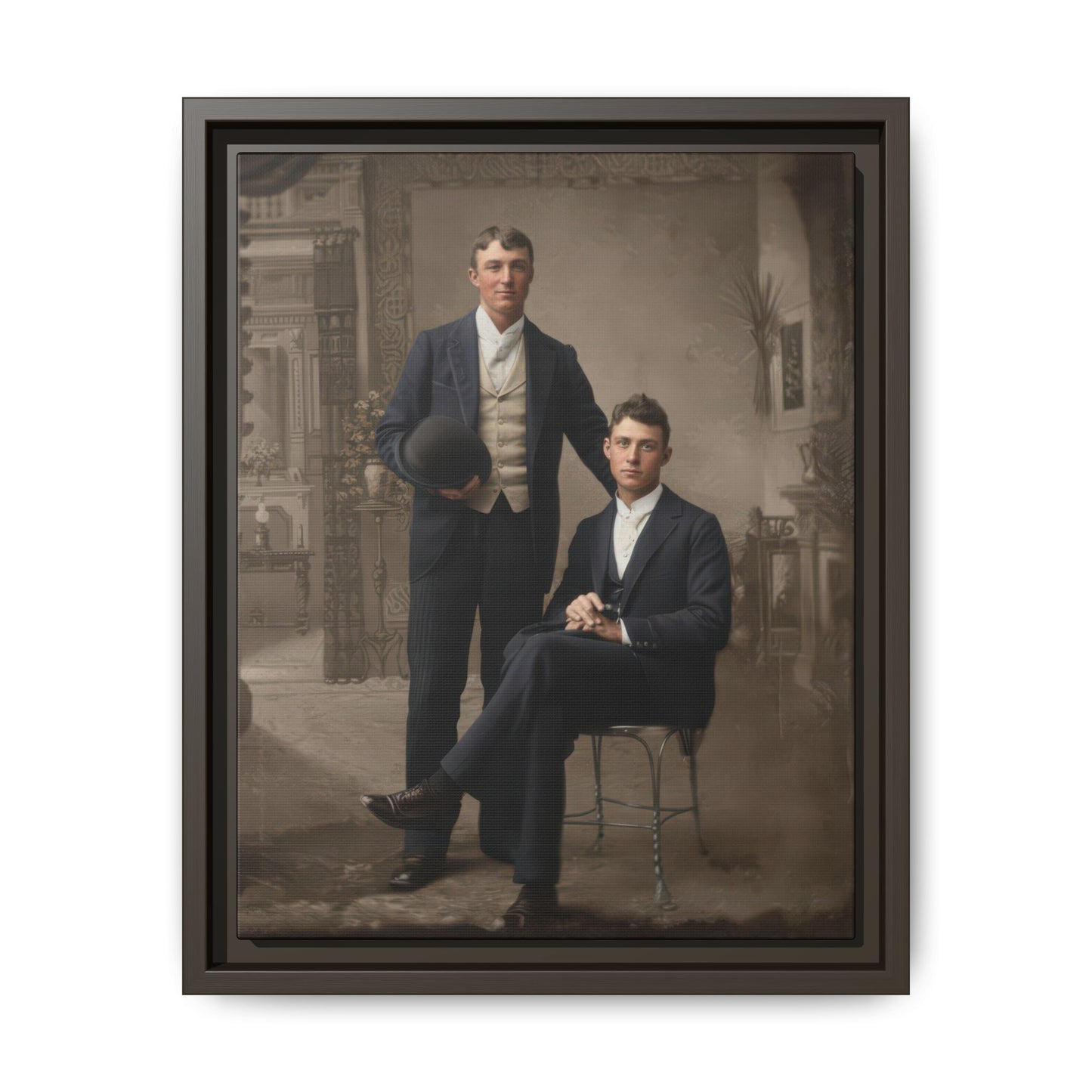 Late 19th century antique studio portrait reproduction with bowler hat and ornate backdrop