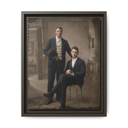 Late 19th century antique studio portrait reproduction with bowler hat and ornate backdrop