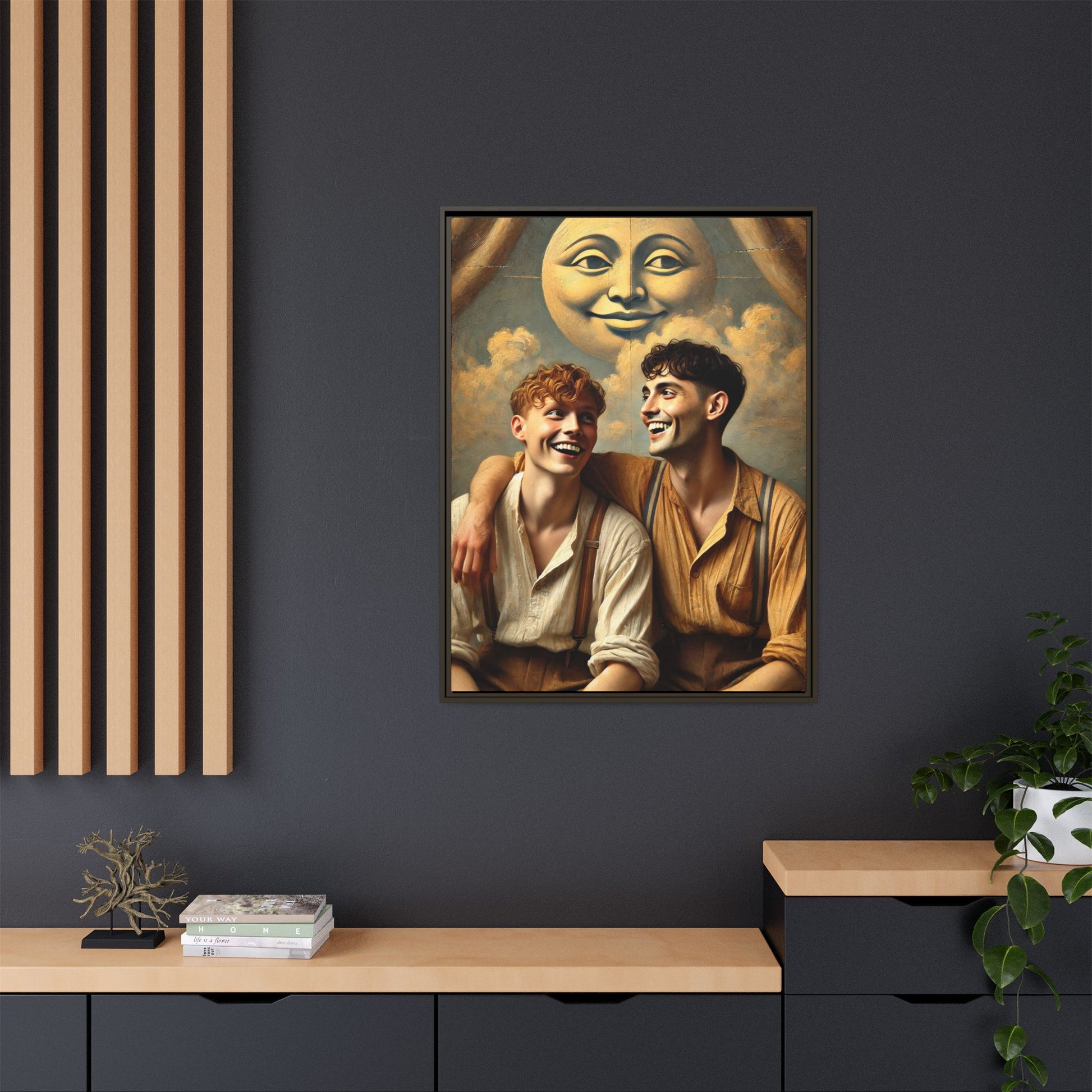 Queer artwork of two joyful young men dressed in vintage clothing with rolled sleeves and suspenders, laughing under a large moon prop in a dreamy studio scene. A celebration of love and resilience reclaimed from forgotten queer histories.