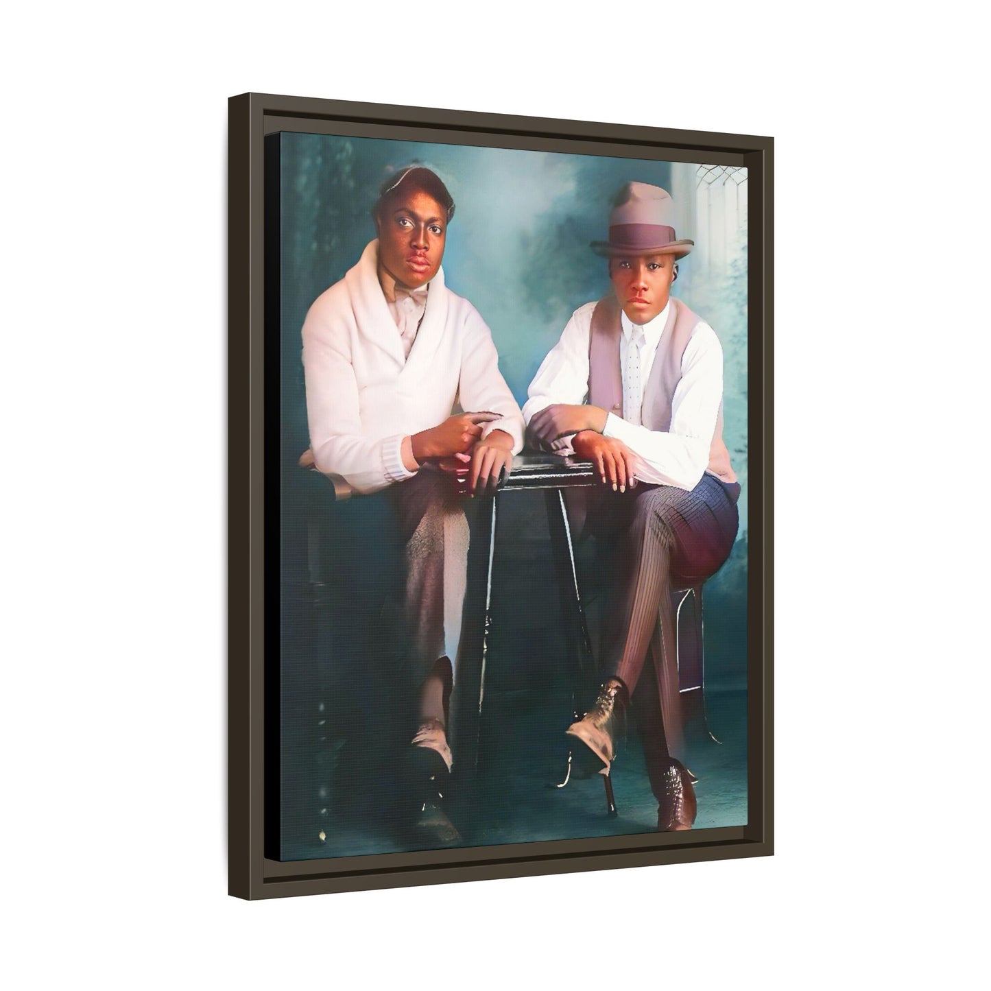 Restored vintage 1930s photo of Denzel & Jacob, African-American couple seated at a café in Little Rock AR, framed canvas art.