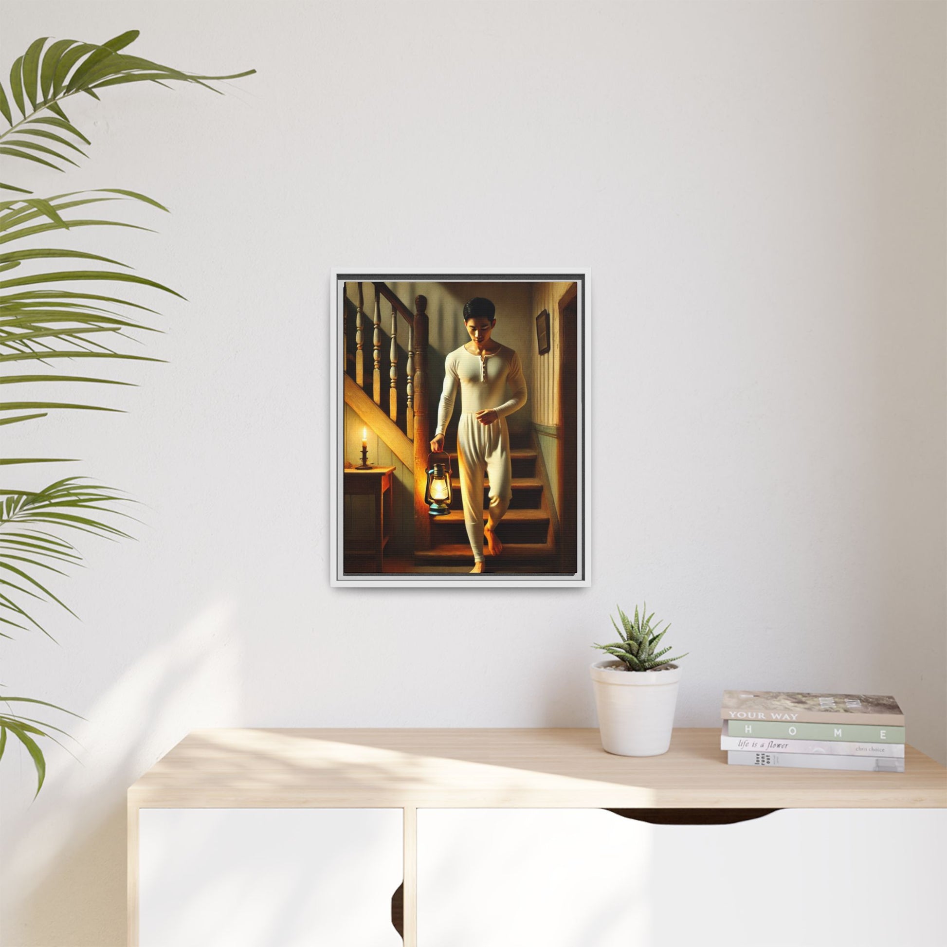 Framed artwork of an Asian-American man wearing long johns underwear holding a lantern on a staircase, inspired by Grant Wood’s style.