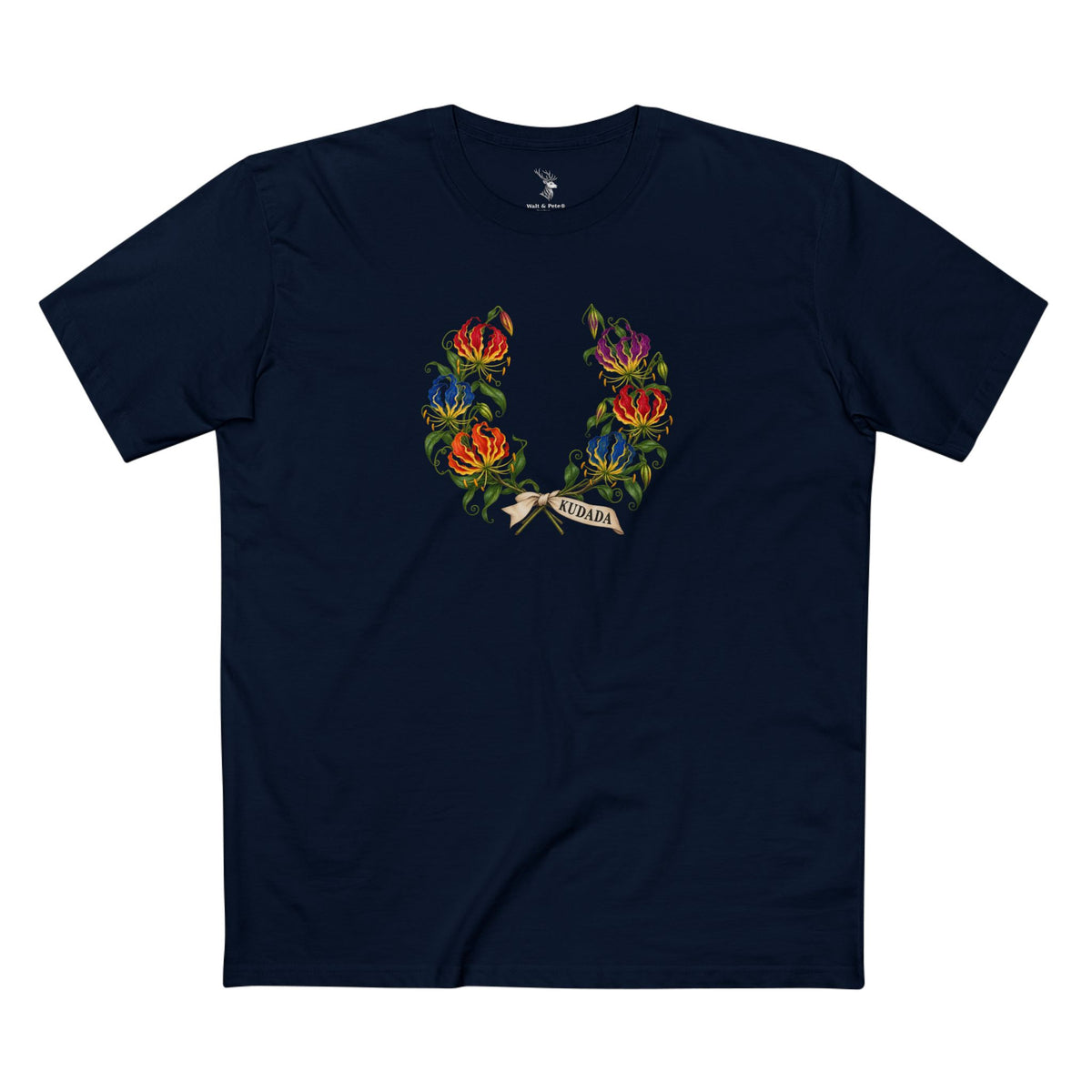 Detail of the miombo-inspired laurel wreath artwork on the Zambian Collective Renewal Pride T-shirt.