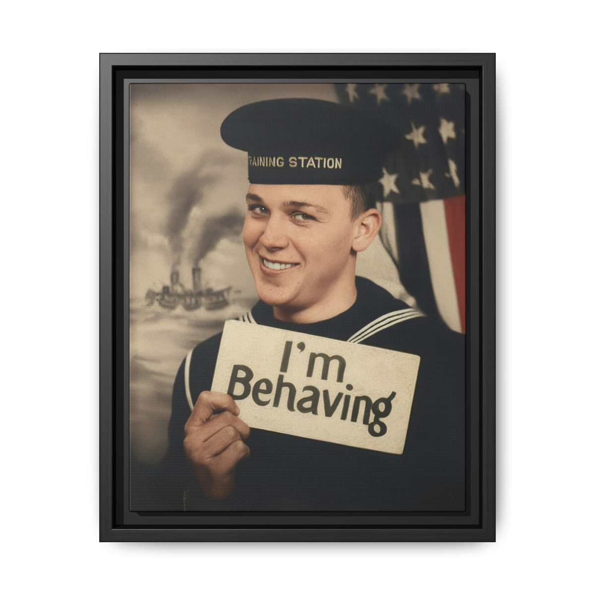 Restored vintage portrait of a smiling man in sailor clothing holding an “I’m Behaving” sign before a painted maritime backdrop.