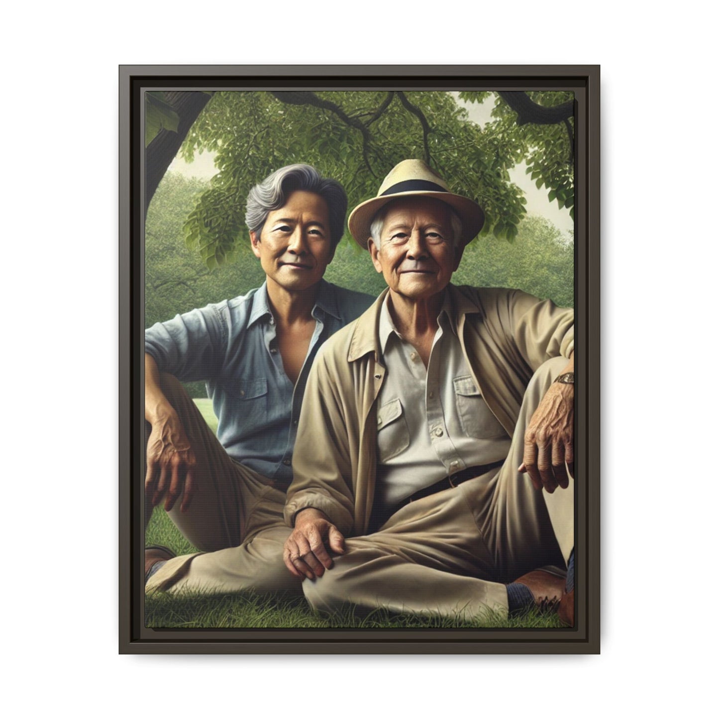 Hyper-realistic painting of an elderly Asian-American gay couple in 1930s attire under a leafy tree, celebrating love and resilience.