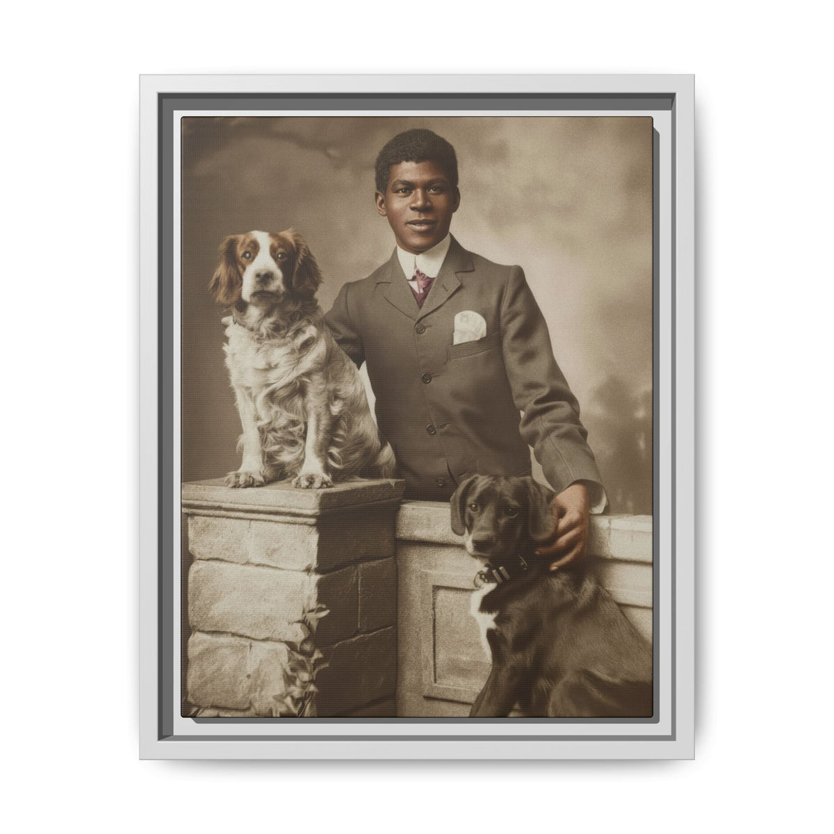 Célibataire 009 portrait featuring a Black male sitter, two dogs with contrasting coats, and a softly painted studio backdrop.