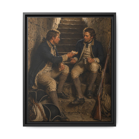 Two Continental Army soldiers share bread while resting on a stone stair inside a Revolutionary War fortification in this museum-inspired historical oil portrait.