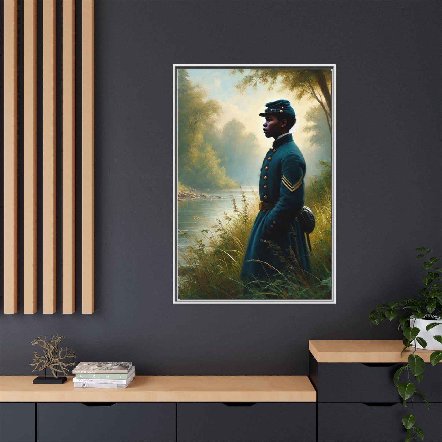 Portrait of an African American Union soldier standing solemnly by a riverside, inspired by Walt Whitman’s Leaves of Grass and Drum-Taps, honoring sacrifice, resilience, and history. Grant Wood Inspired