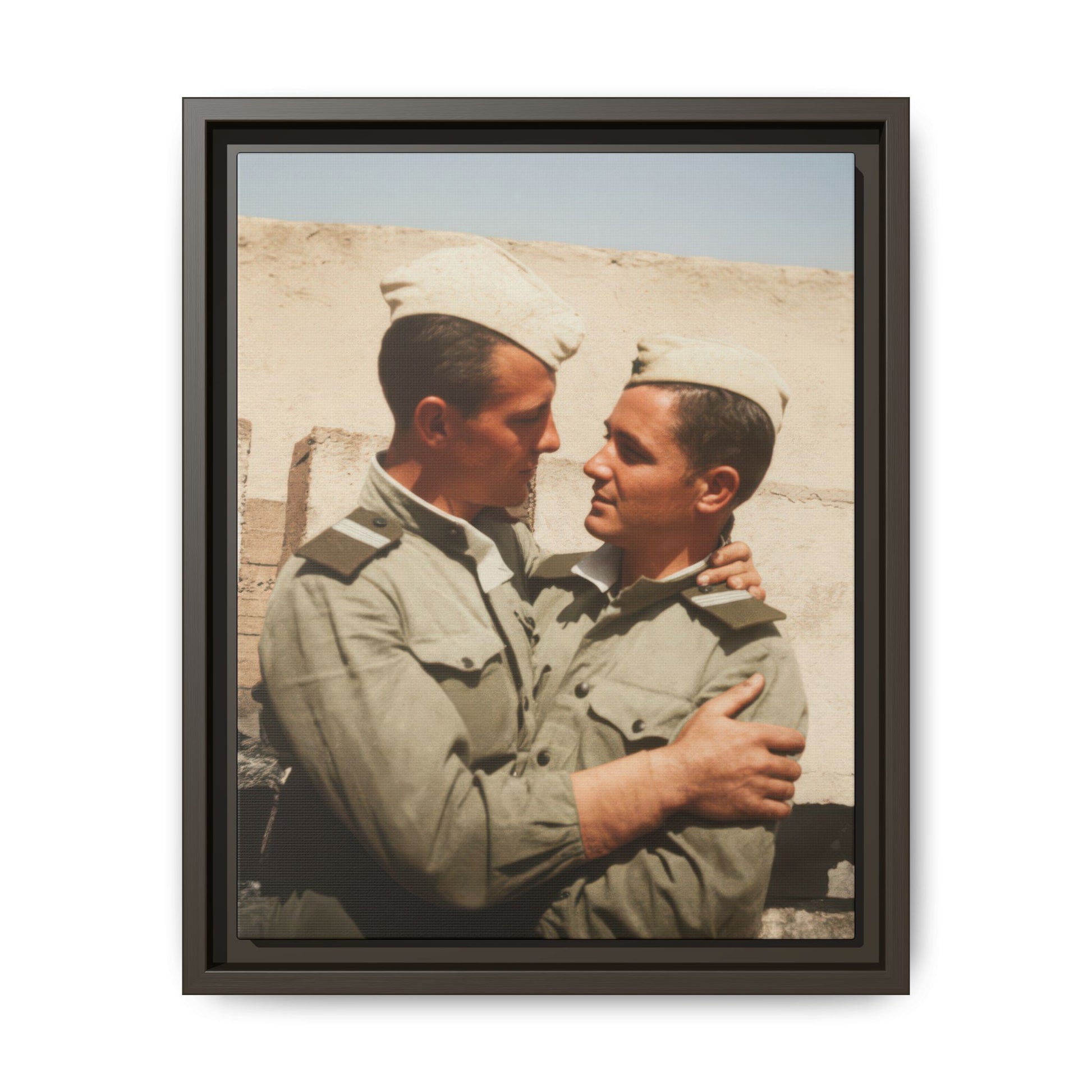 Early 20th century uniform photograph framed canvas wall art with sunlit background
