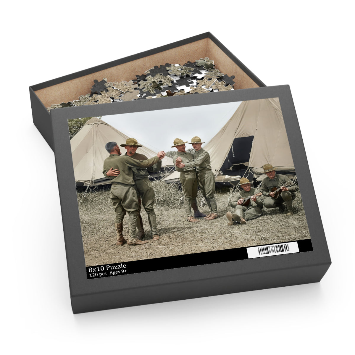Men Dancing at Camp jigsaw puzzle showing two dancing pairs and two musicians against pale canvas tents.”