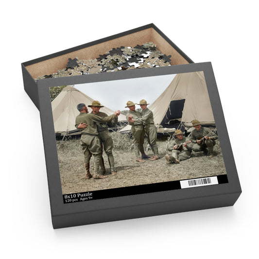 Men Dancing at Camp jigsaw puzzle showing two dancing pairs and two musicians against pale canvas tents.”