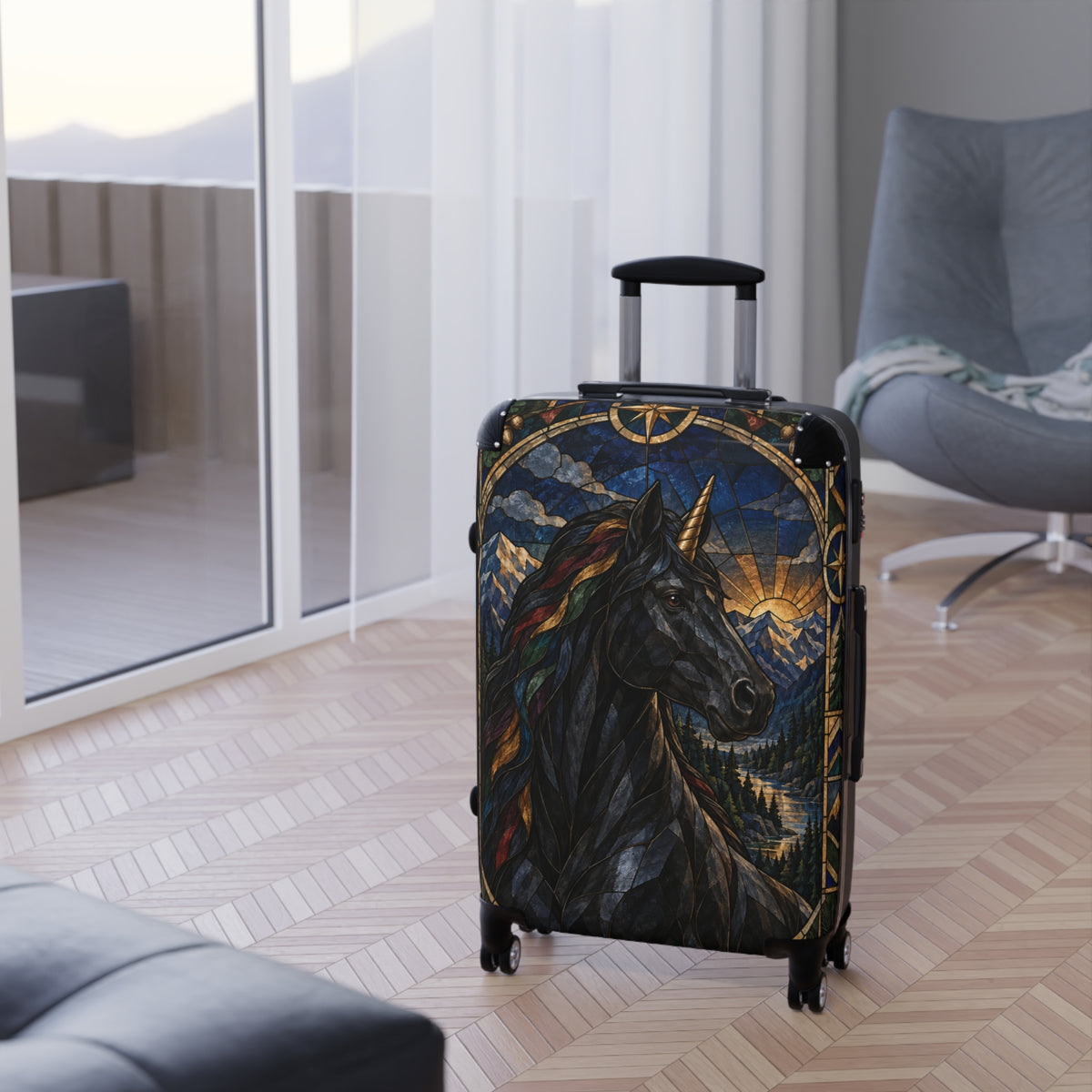 Guardian of the Rainbow Vale | Black Unicorn Stained-Glass Carry-On Suitcase