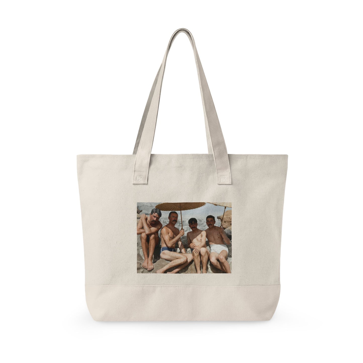Restored vintage men group beach photo tote bag 