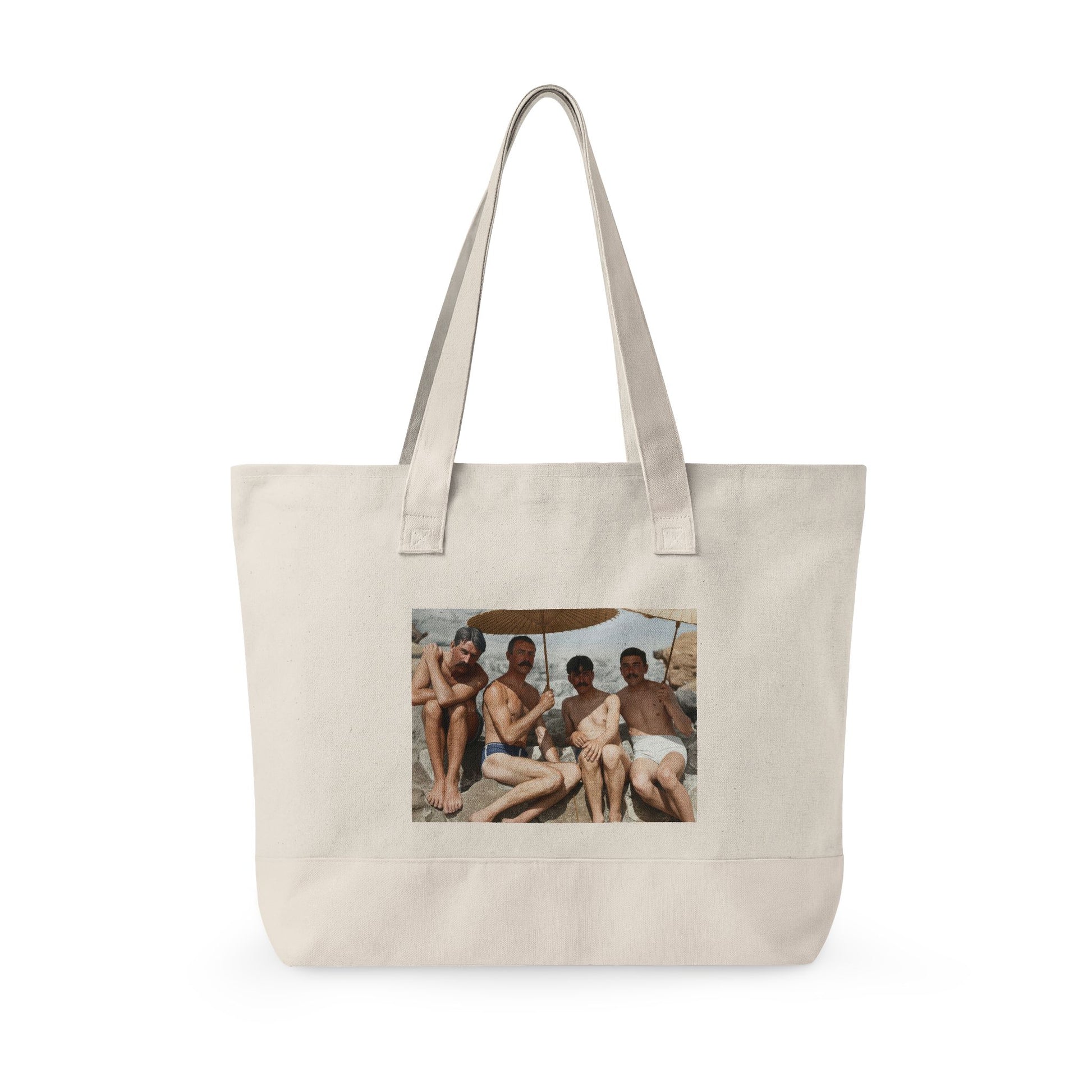 Restored vintage men group beach photo tote bag 