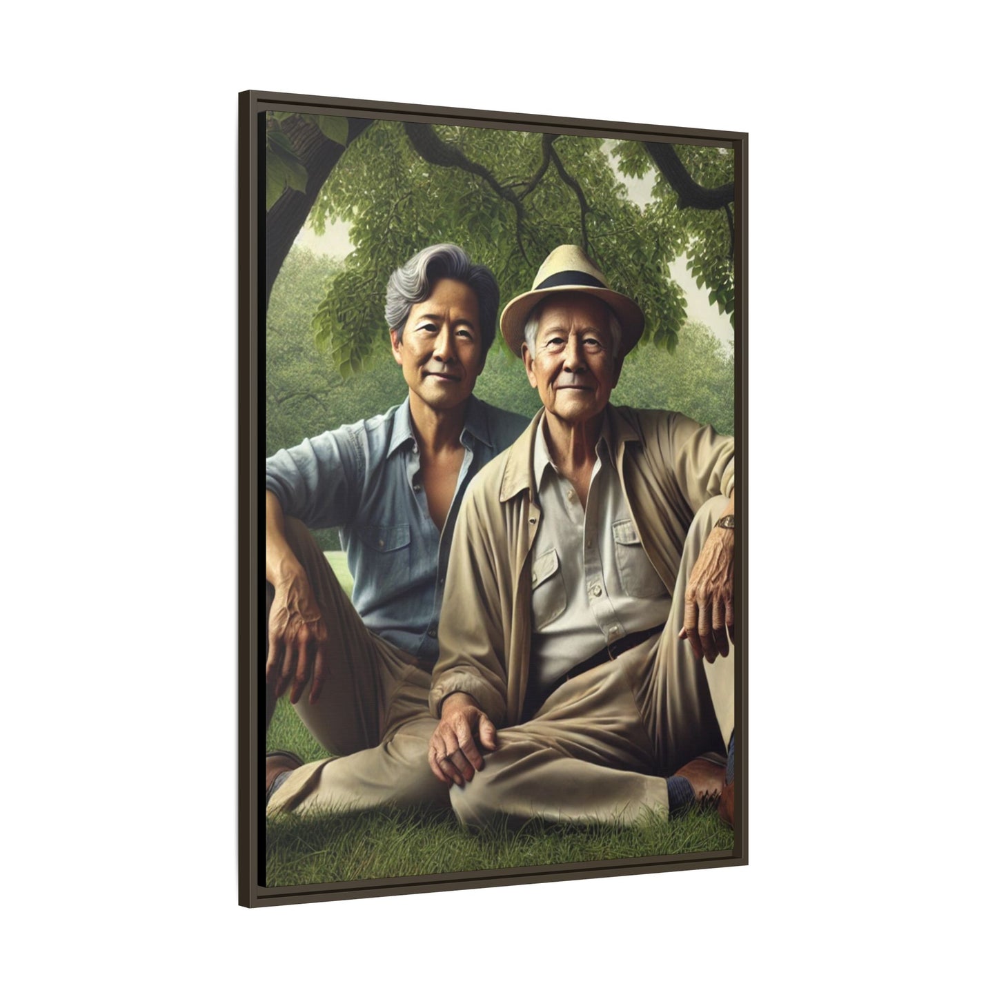 Hyper-realistic painting of an elderly Asian-American gay couple in 1930s attire under a leafy tree, celebrating love and resilience.