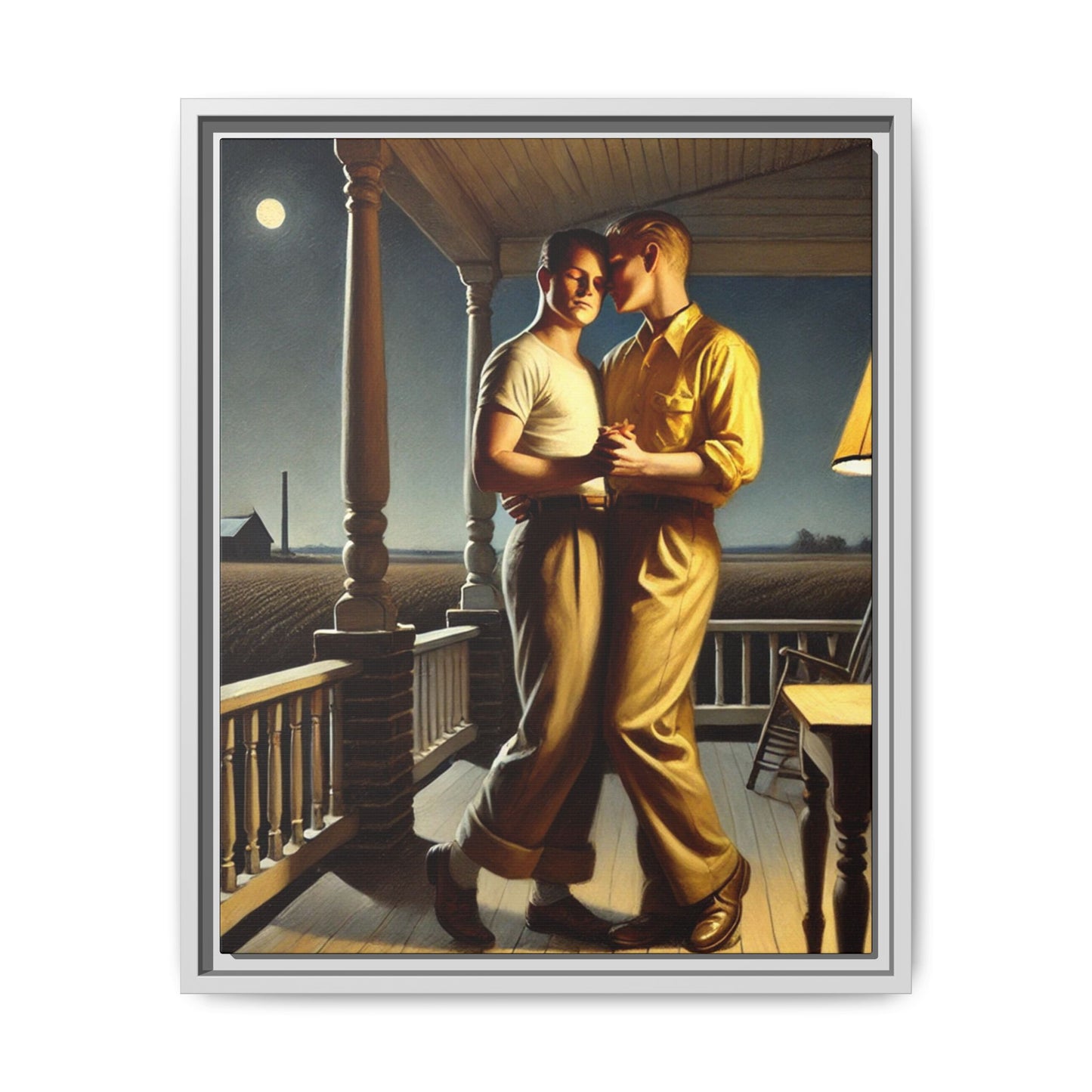 Artwork of a gay couple standing on a farmhouse porch under the moonlight, inspired by Grant Wood’s style.