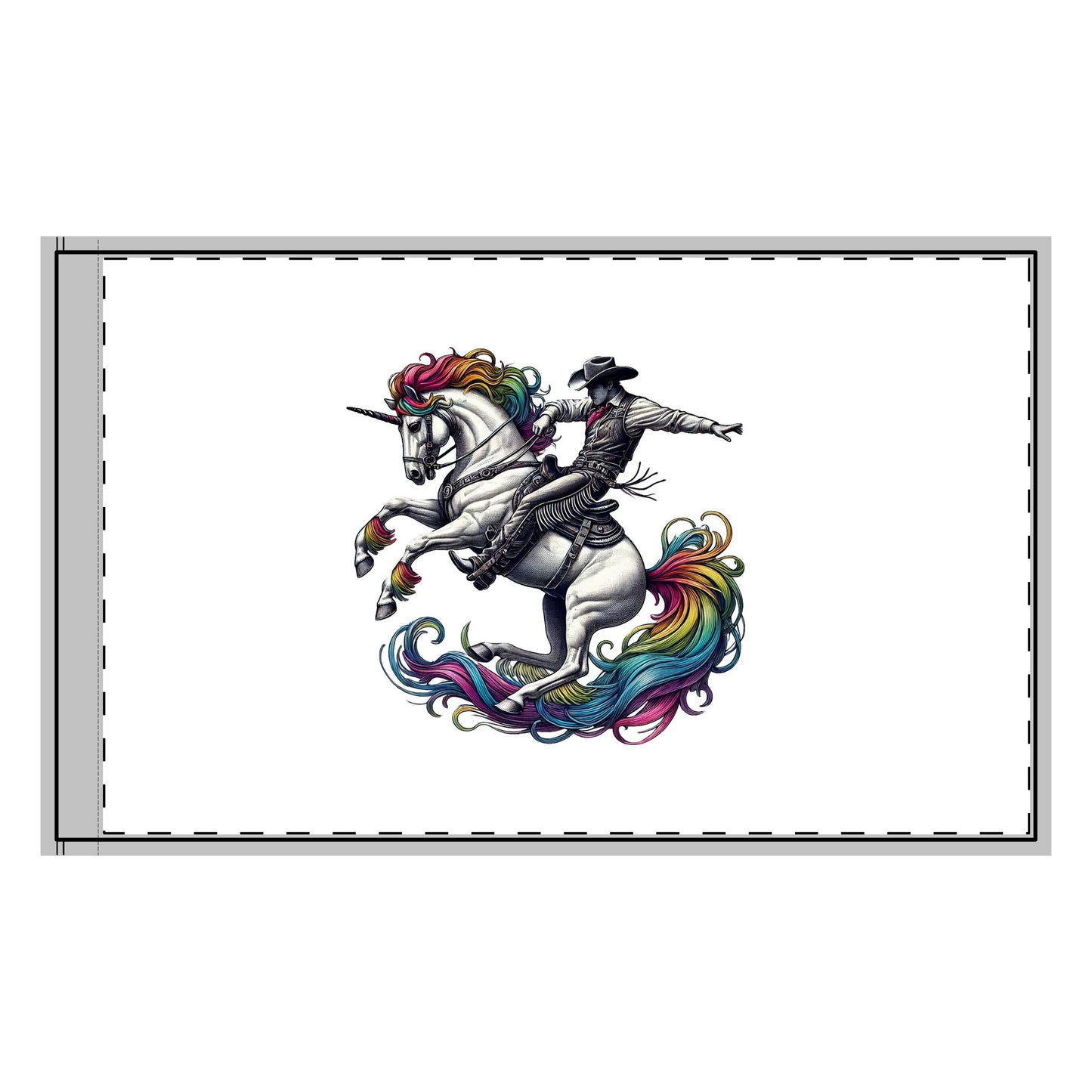 A bold Rainbow Riders flag featuring a cowboy riding a unicorn with a vibrant rainbow mane and tail, symbolizing diversity, unity, and inclusion. The design highlights school spirit and pride, perfect for events and advocacy. LGBTQ GAY Queer Flag