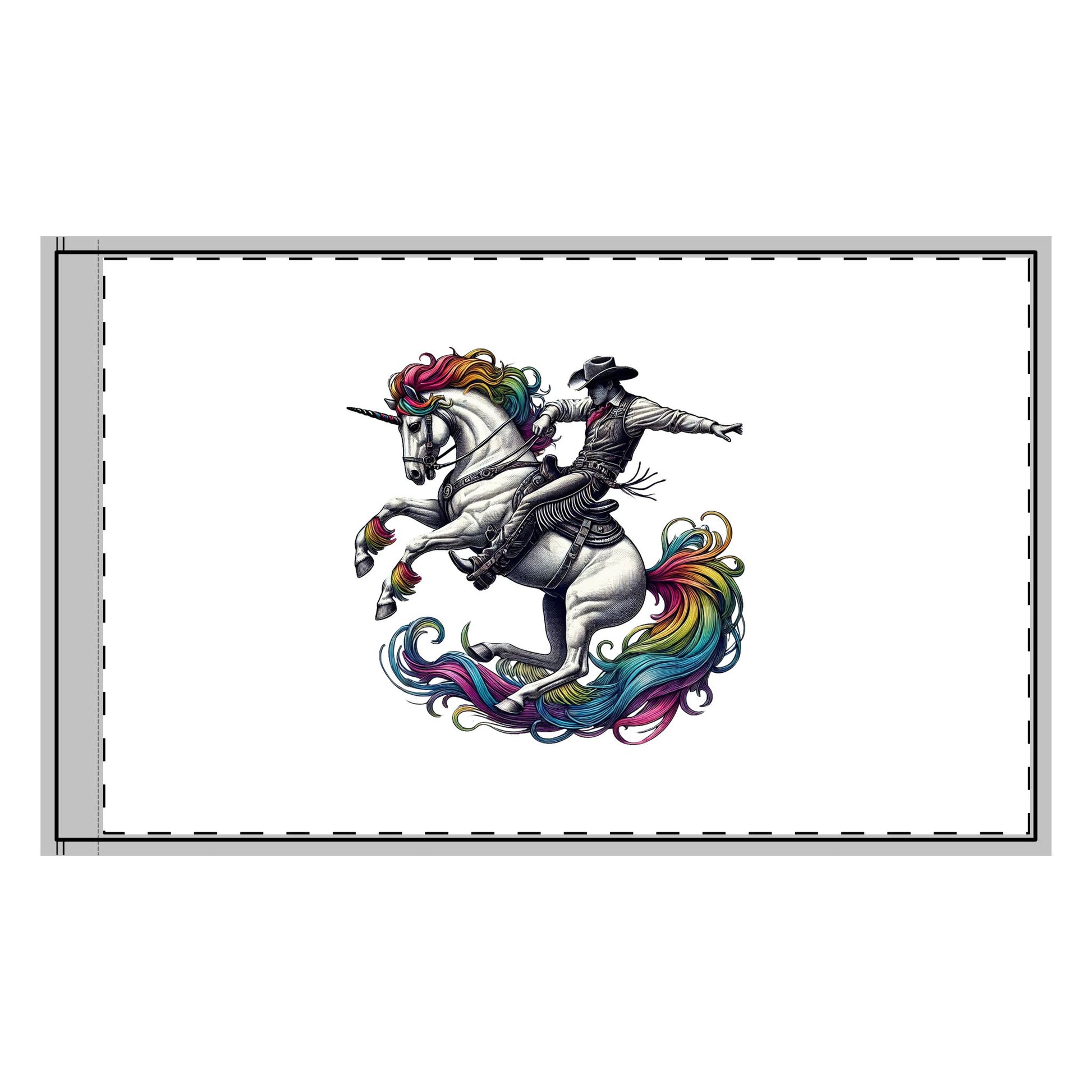 A bold Rainbow Riders flag featuring a cowboy riding a unicorn with a vibrant rainbow mane and tail, symbolizing diversity, unity, and inclusion. The design highlights school spirit and pride, perfect for events and advocacy. LGBTQ GAY Queer Flag