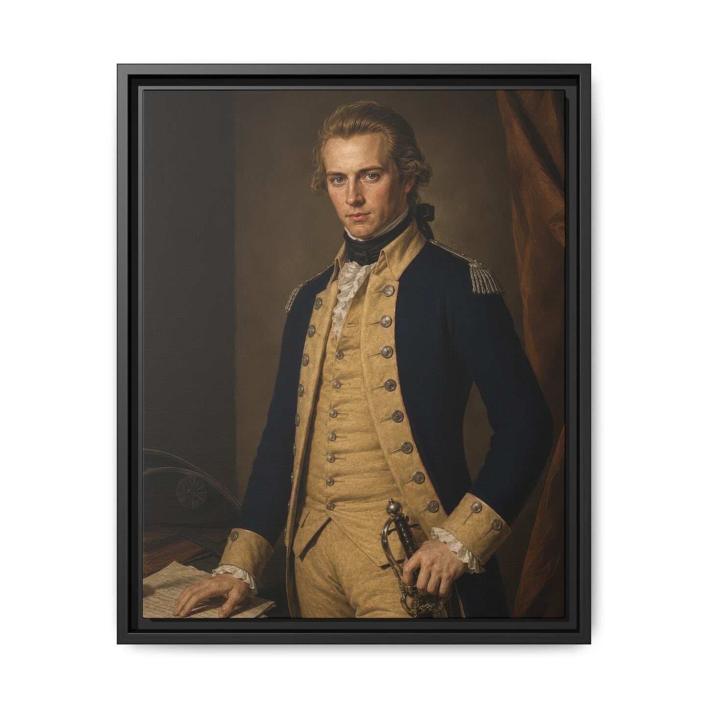 Historically inspired portrait of Lieutenant Gotthold Frederick Enslin standing beside a writing table in a Continental Army officer's uniform.
