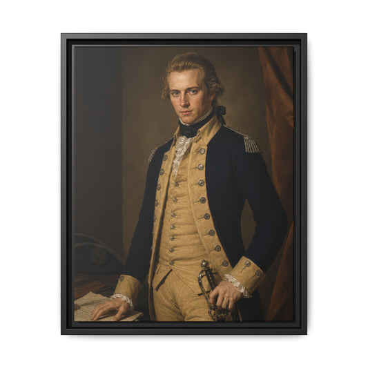 Historically inspired portrait of Lieutenant Gotthold Frederick Enslin standing beside a writing table in a Continental Army officer's uniform.