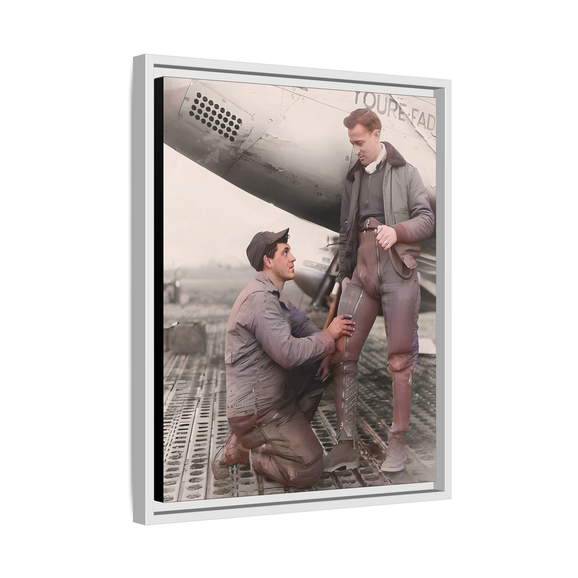 Restored vintage photo of Frank & Albert, a WWII pilot and mechanic on the USS Hornet, framed matte canvas art. US Airforce Gay Couple